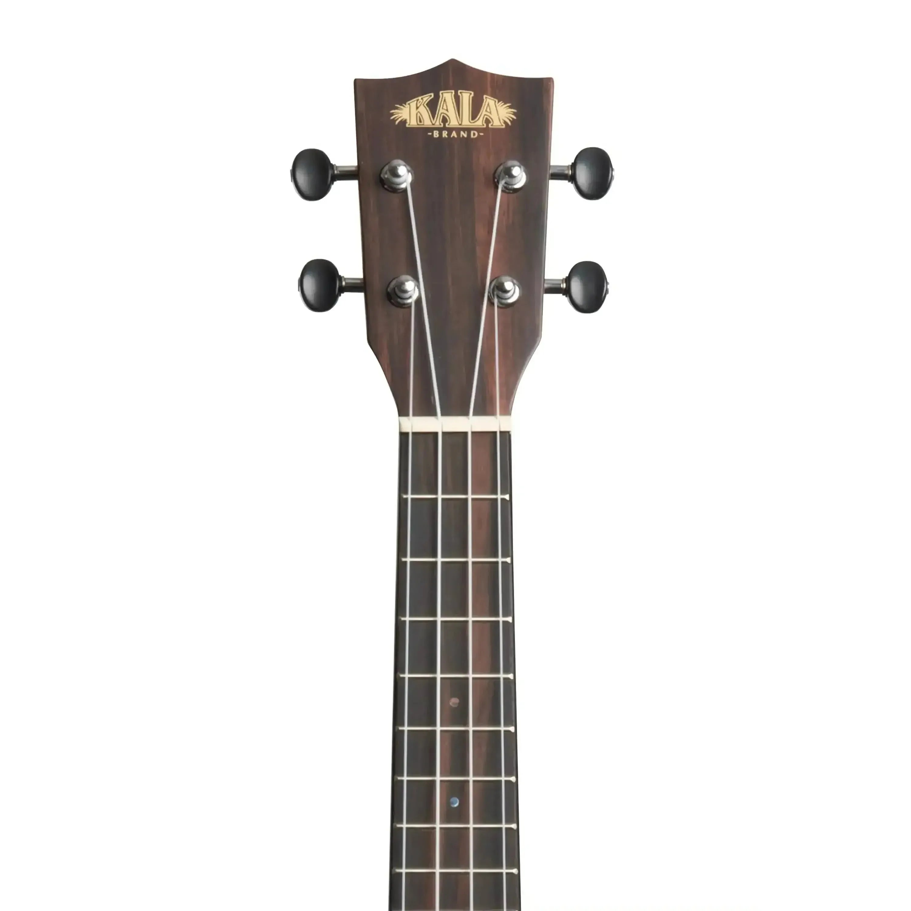 Kala SSEBY-C Concert Ukulele headstock with dark wood, black tuning pegs, and Kala logo.