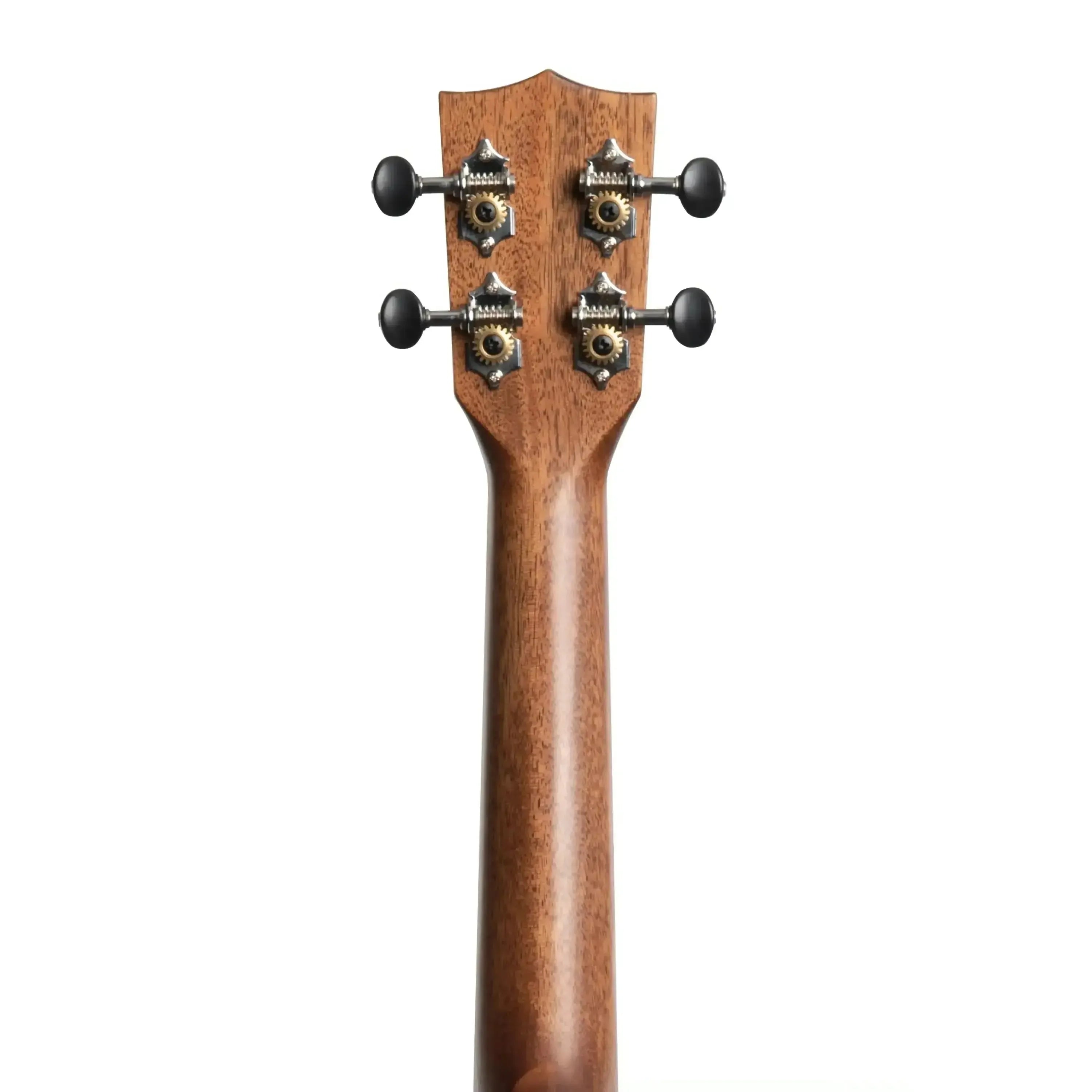 Kala SSEBY-C Concert Ukulele mahogany neck and headstock with four black tuning pegs.