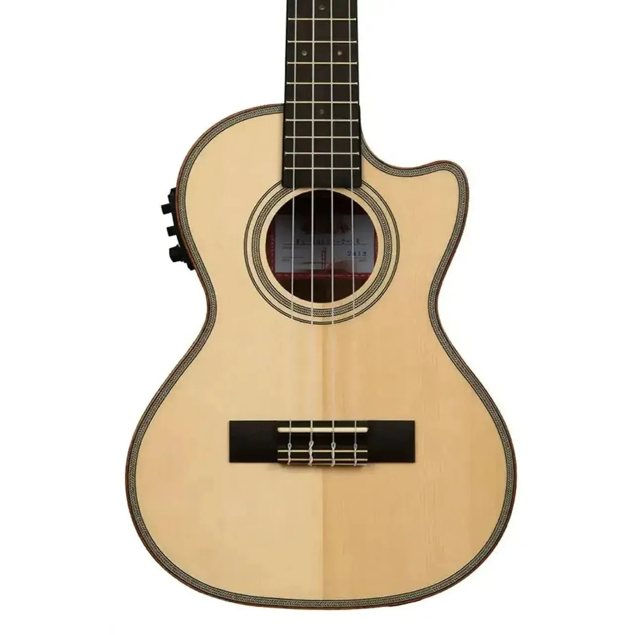 Kala Solid Spruce & Striped Ebony Tenor Ukulele with light wood body, dark fretboard, and EQ.