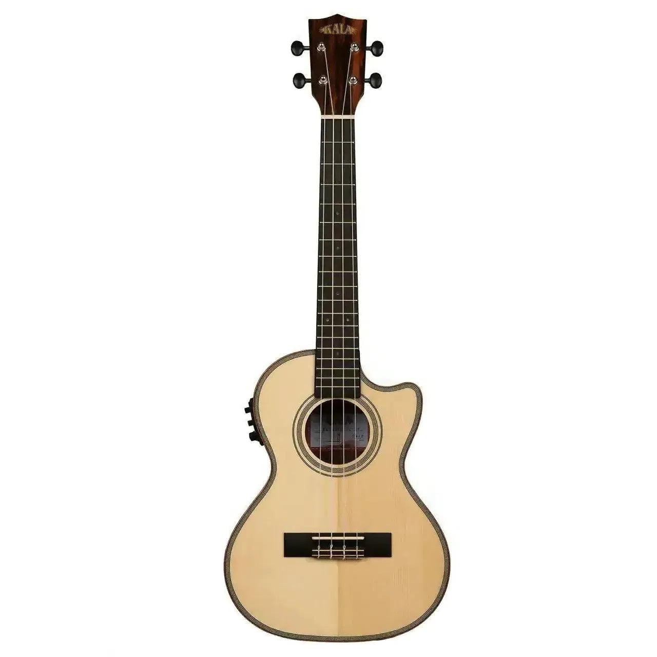 Kala SSEBY-T-CE tenor ukulele with light spruce top, striped ebony back, and EQ.