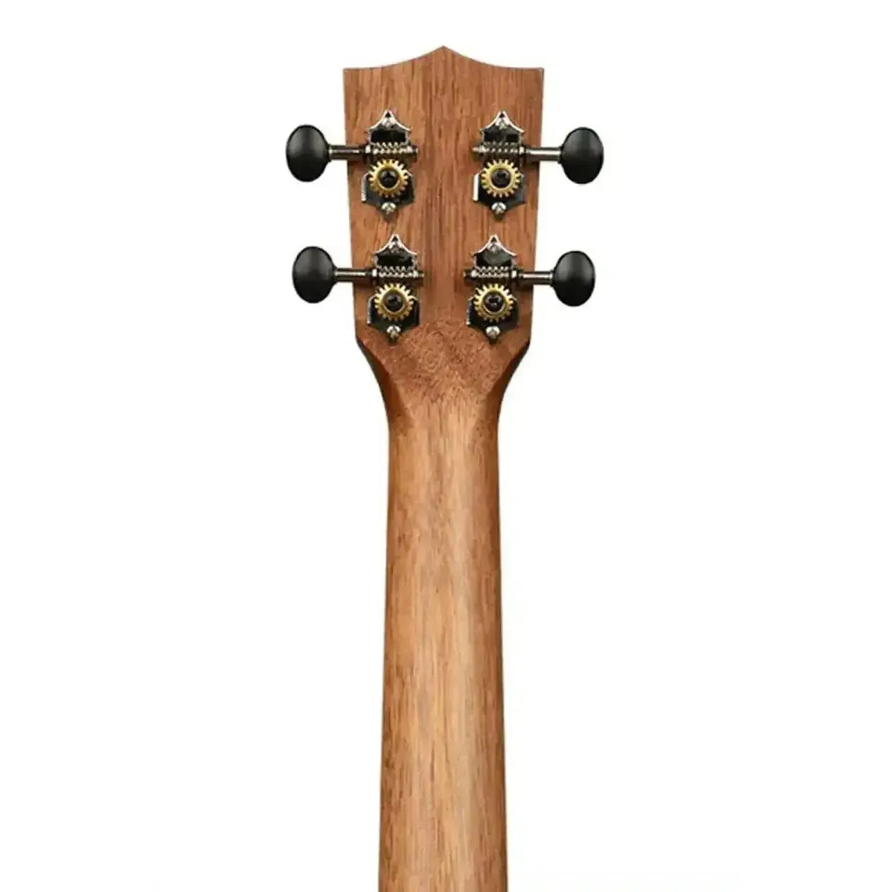 Back of Kala tenor ukulele headstock and neck, showing black tuners and mahogany wood grain.