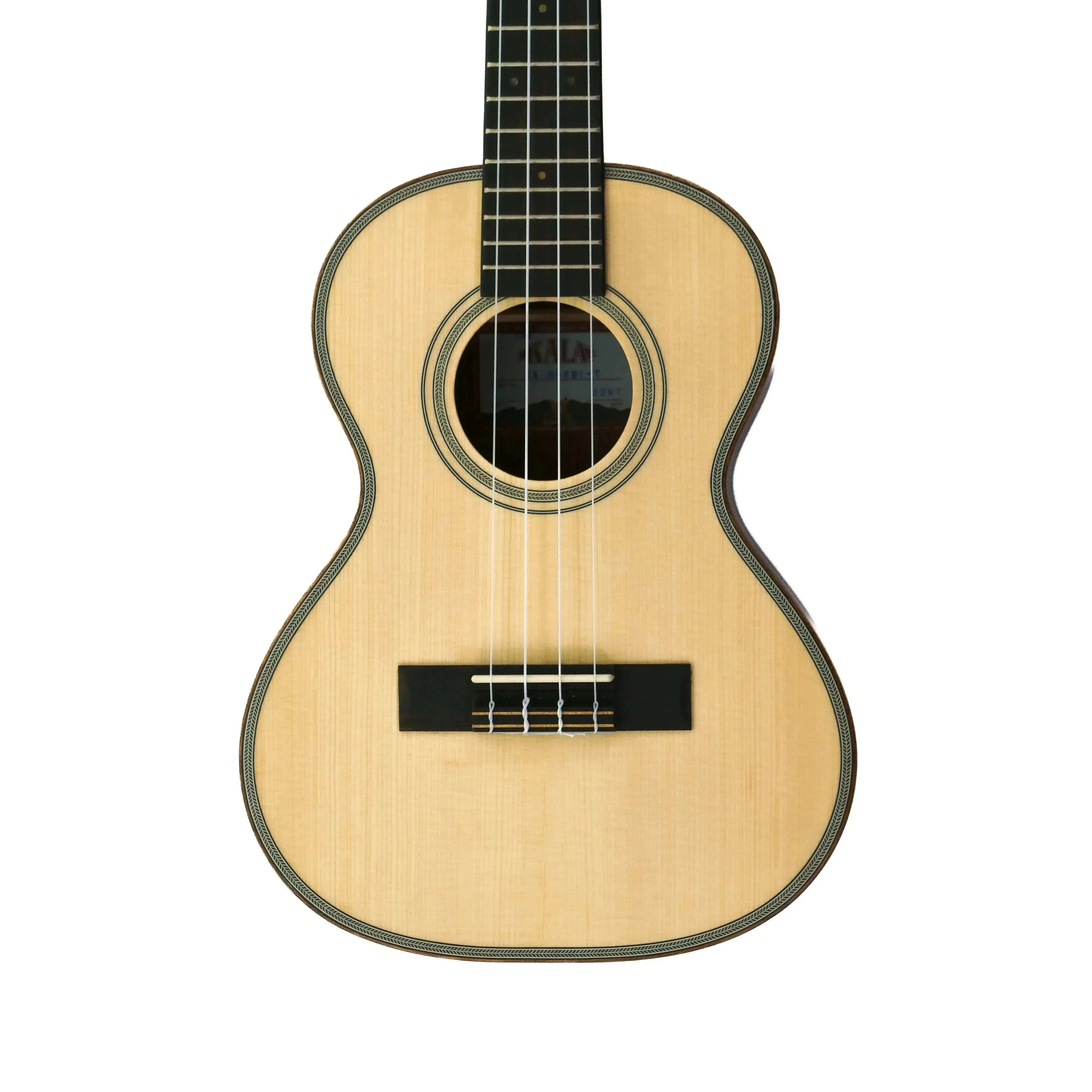Kala SSEBY-T Tenor Ukulele with solid spruce top, striped ebony sides, and satin finish.
