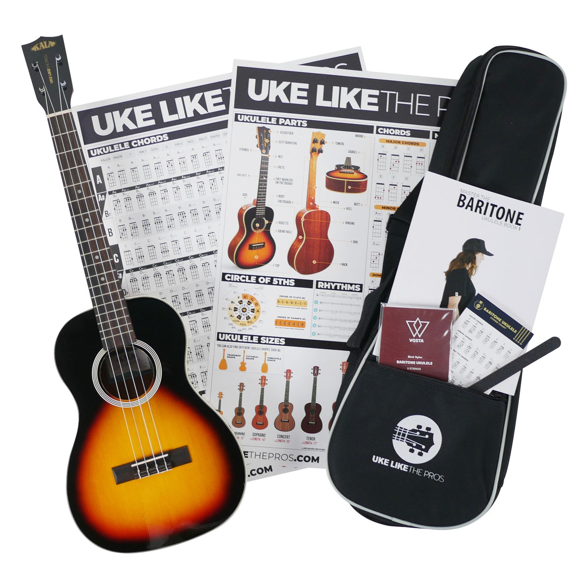 Kala SSMHG-B Baritone Ukulele bundle contents: the ukulele, Uke Like The Pros padded gig bag, chord and parts posters, baritone ukulele book, Vosta string set, chord chart and nail file