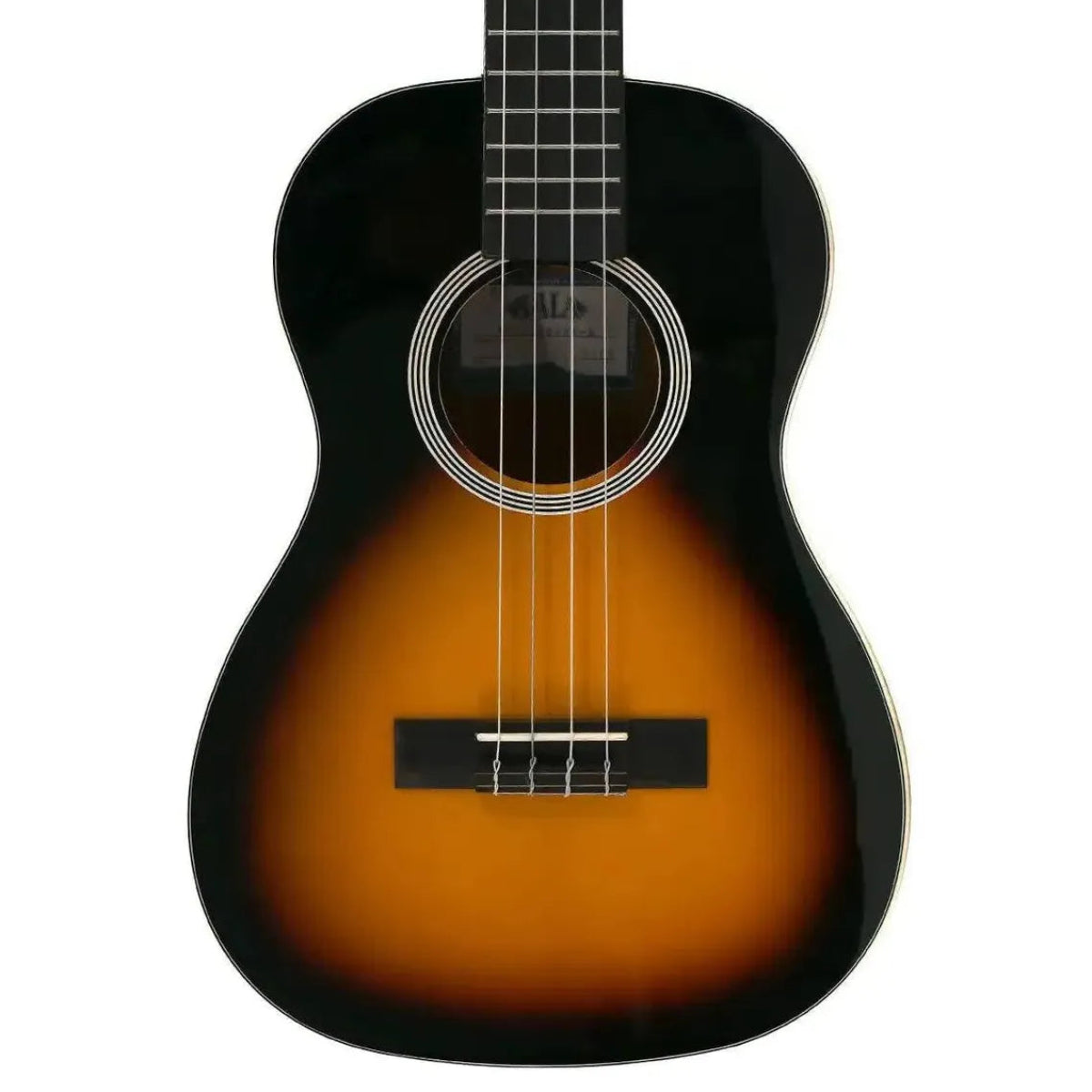 Kala SSMHG-B Sunburst Baritone Ukulele with black top, brown center, and white binding.