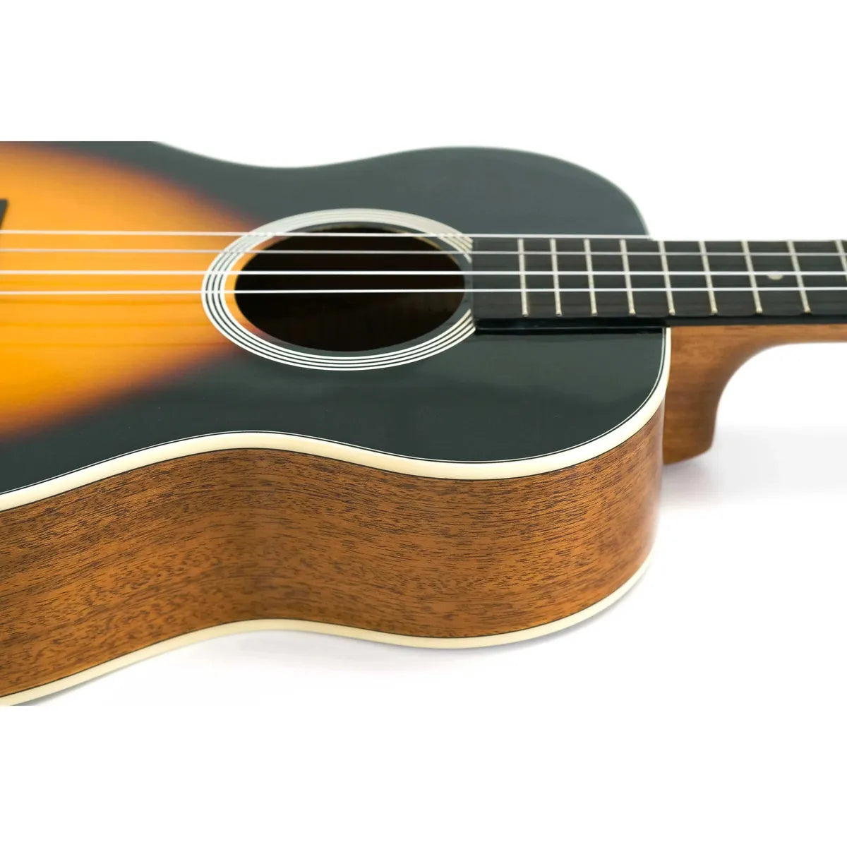 Kala SSMHG-B Sunburst Baritone Ukulele, showing the dark sunburst top, soundhole, strings, and mahogany side.