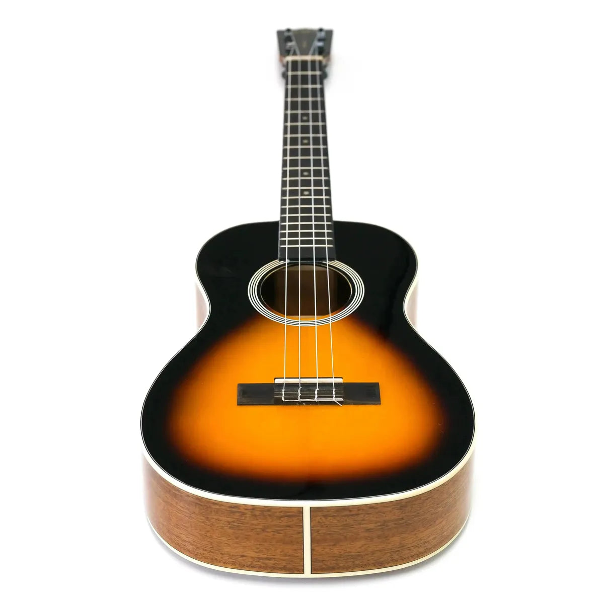 Kala SSMHG-B Sunburst Baritone Ukulele with a black top fading to orange, wood sides, and white binding.