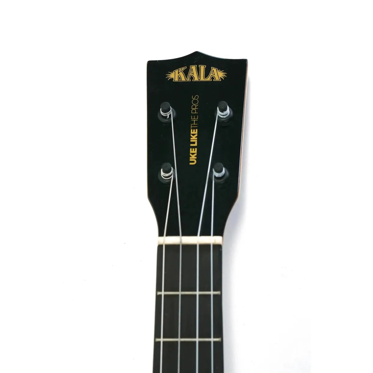 Kala baritone ukulele headstock with gold logo, "UKE LIKE THE PROS" text, and tuning pegs.
