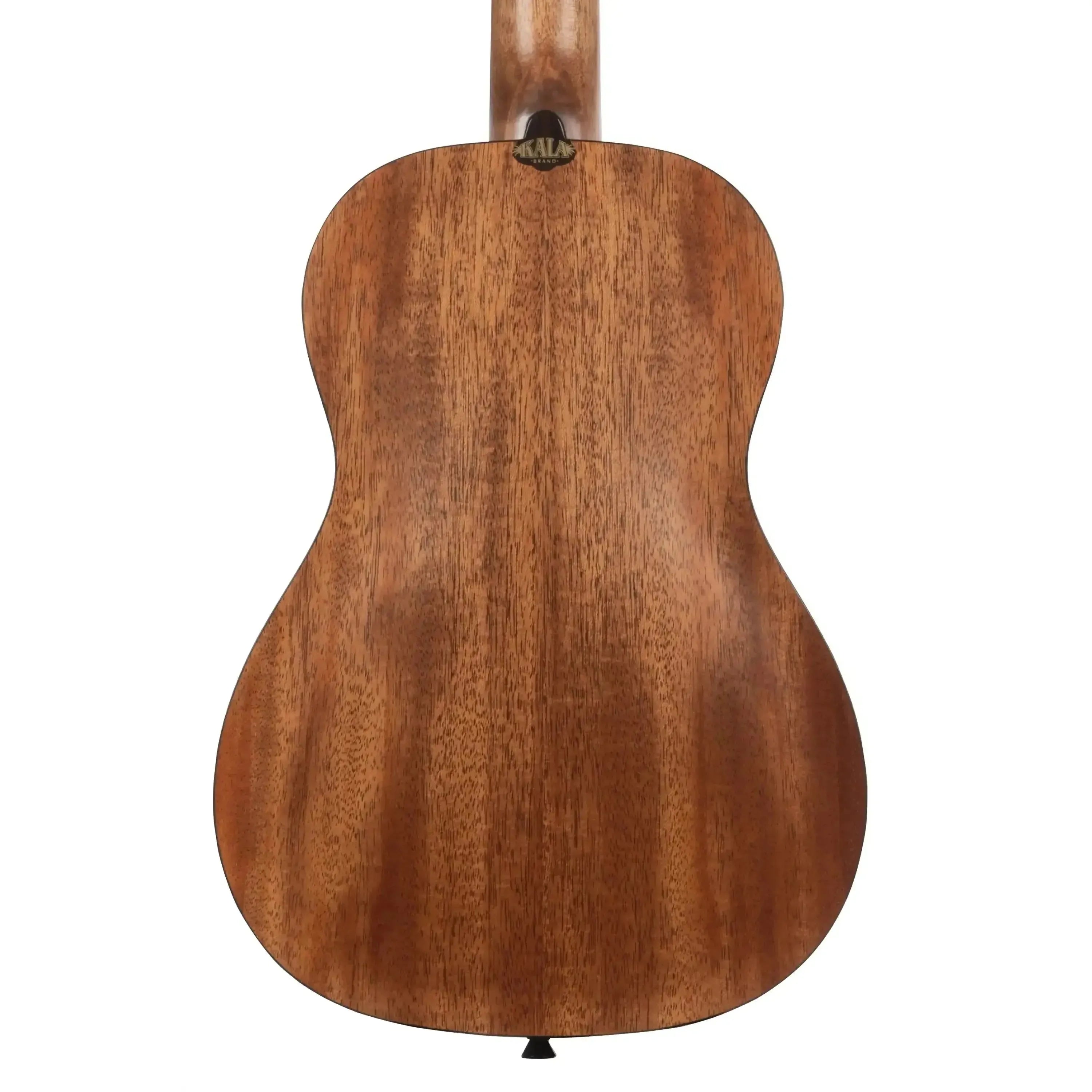 Back of a Kala Travel Thinbody Baritone Ukulele, showing its mahogany laminate wood grain and black strap button.