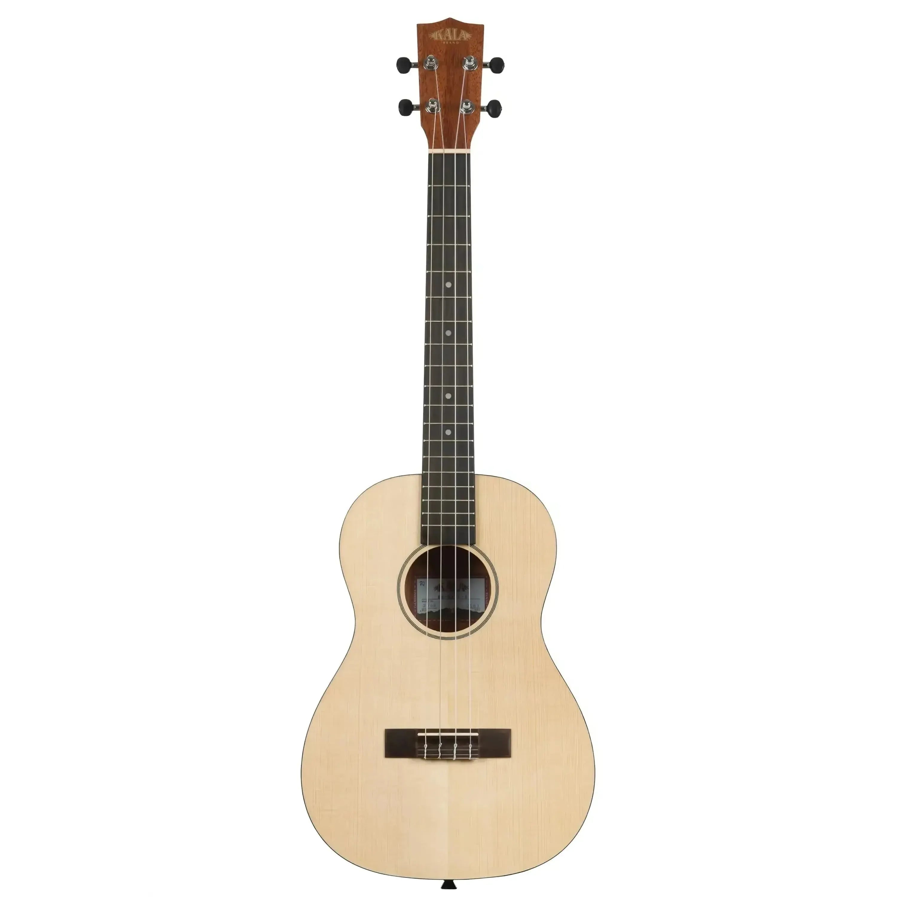 Kala Solid Spruce Top Travel Thinbody Baritone Ukulele with light wood finish and black binding.