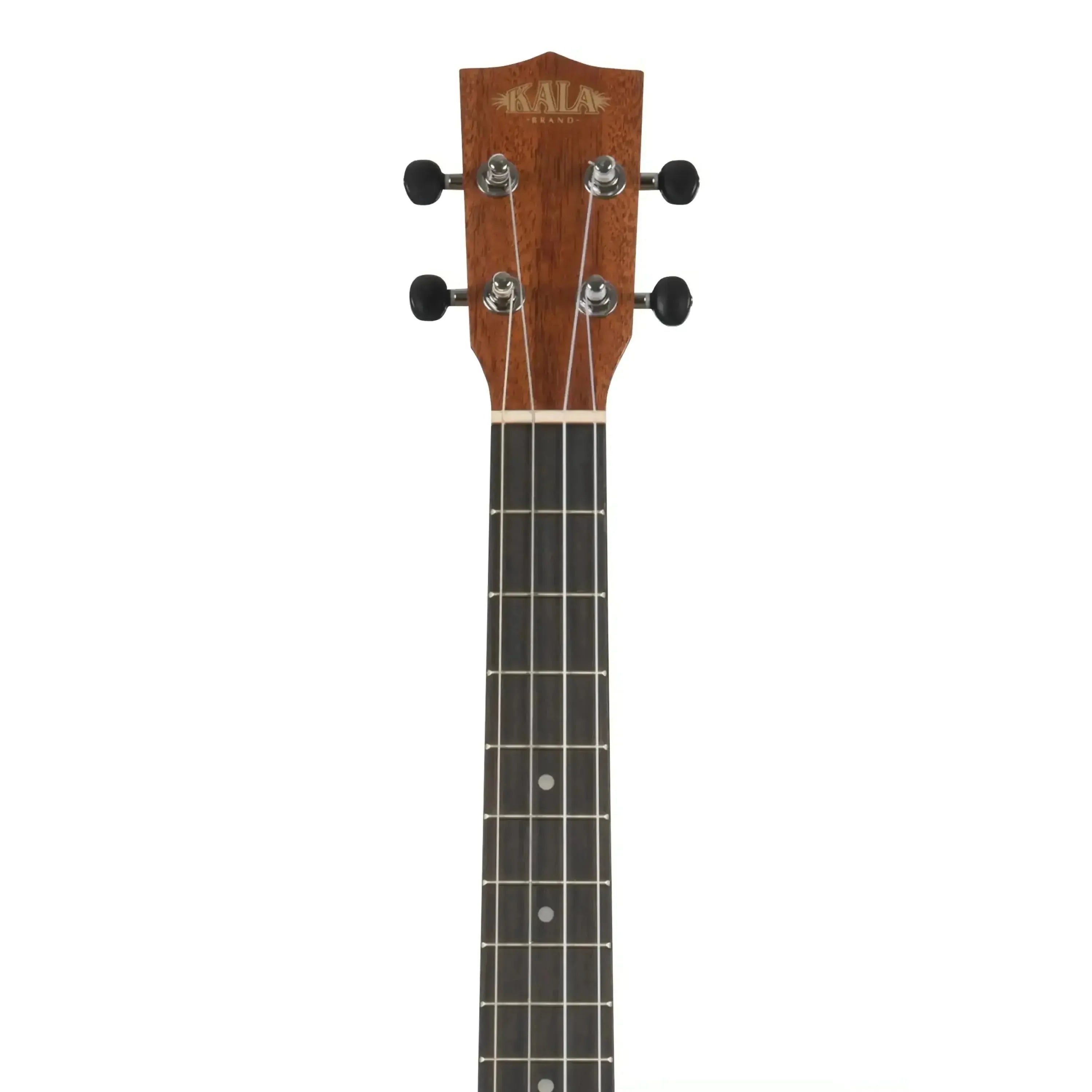 Kala Travel Thinbody Baritone Ukulele headstock with mahogany finish, black tuning pegs, and rosewood fingerboard.