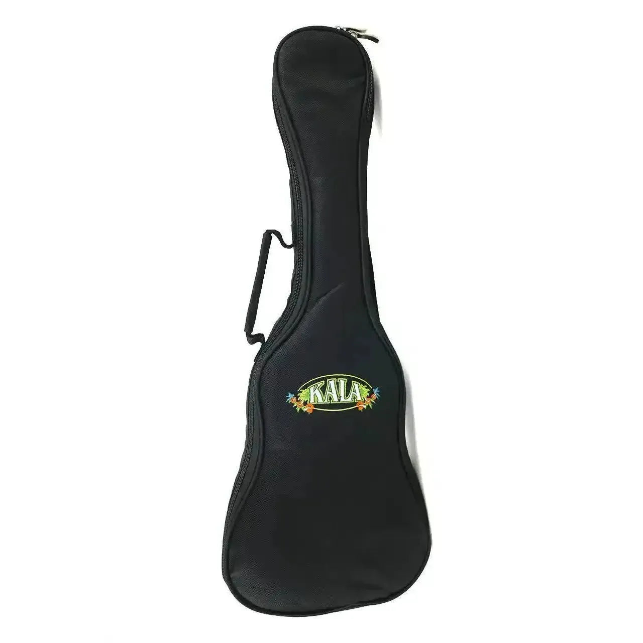 Black Kala ukulele gig bag with colorful logo, handle, and zipper closure.