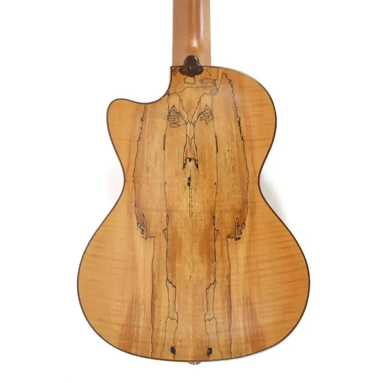 Back of a Kala Travel Thinbody Tenor Ukulele, showing the flamed maple wood grain and cutaway.