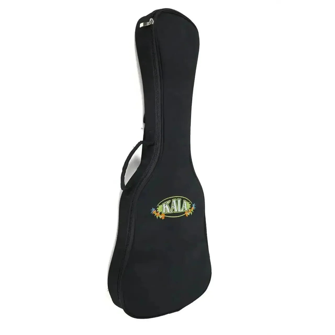 Black Kala ukulele gig bag with colorful floral logo, angled view.