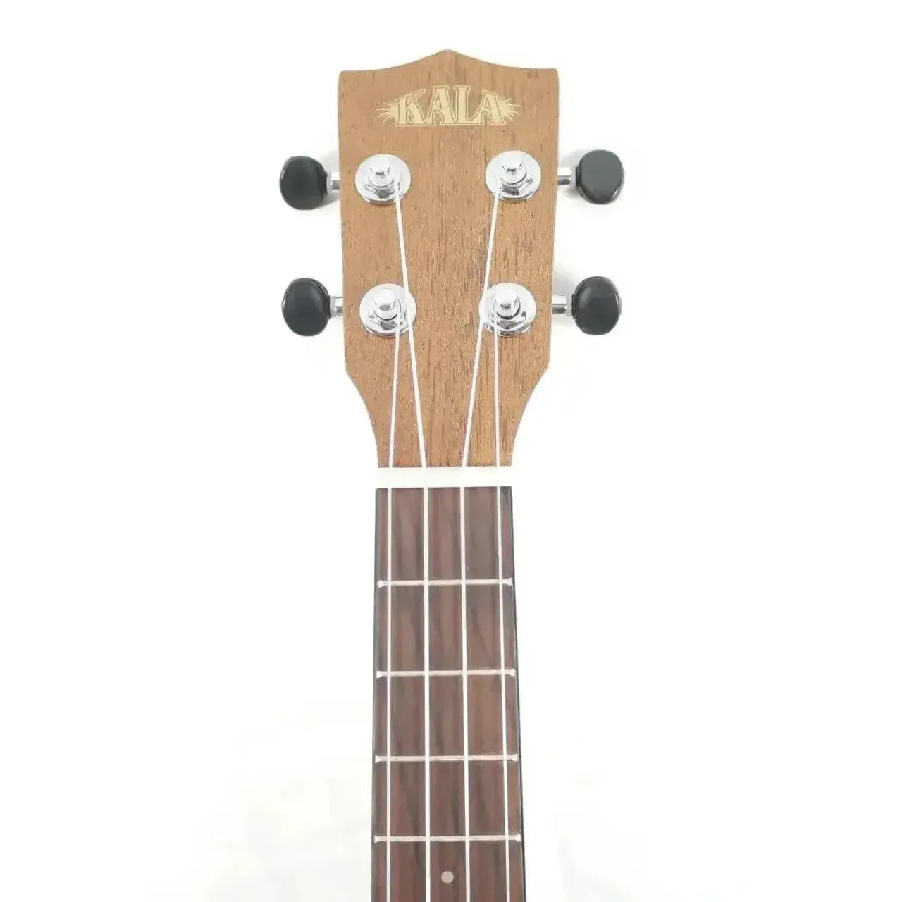 Kala Travel Thinbody Tenor Ukulele headstock with mahogany finish, black tuners, and rosewood fingerboard.