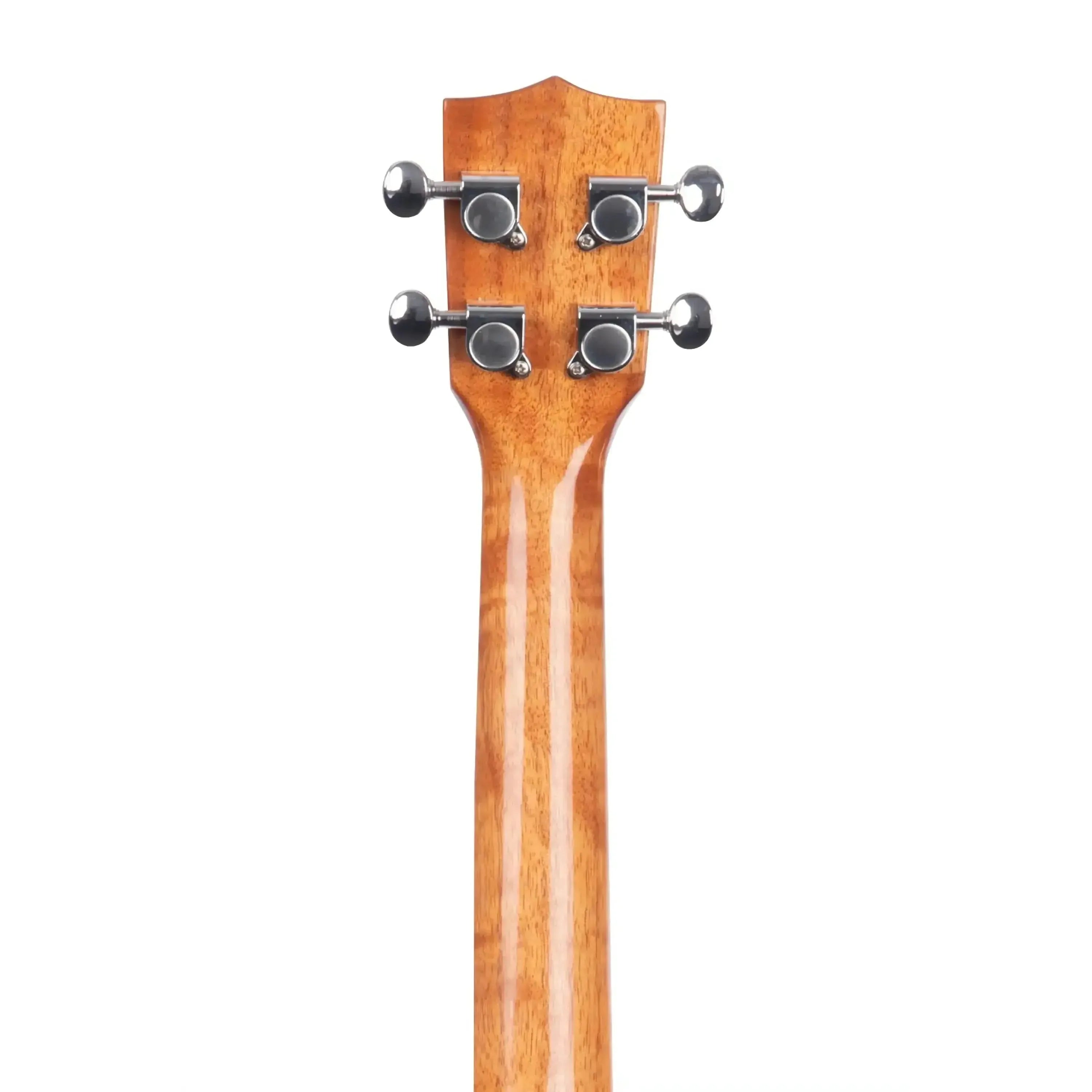 Back of Kala STGE-C Tenor Ukulele headstock and neck, showing tuners and gloss mahogany finish.