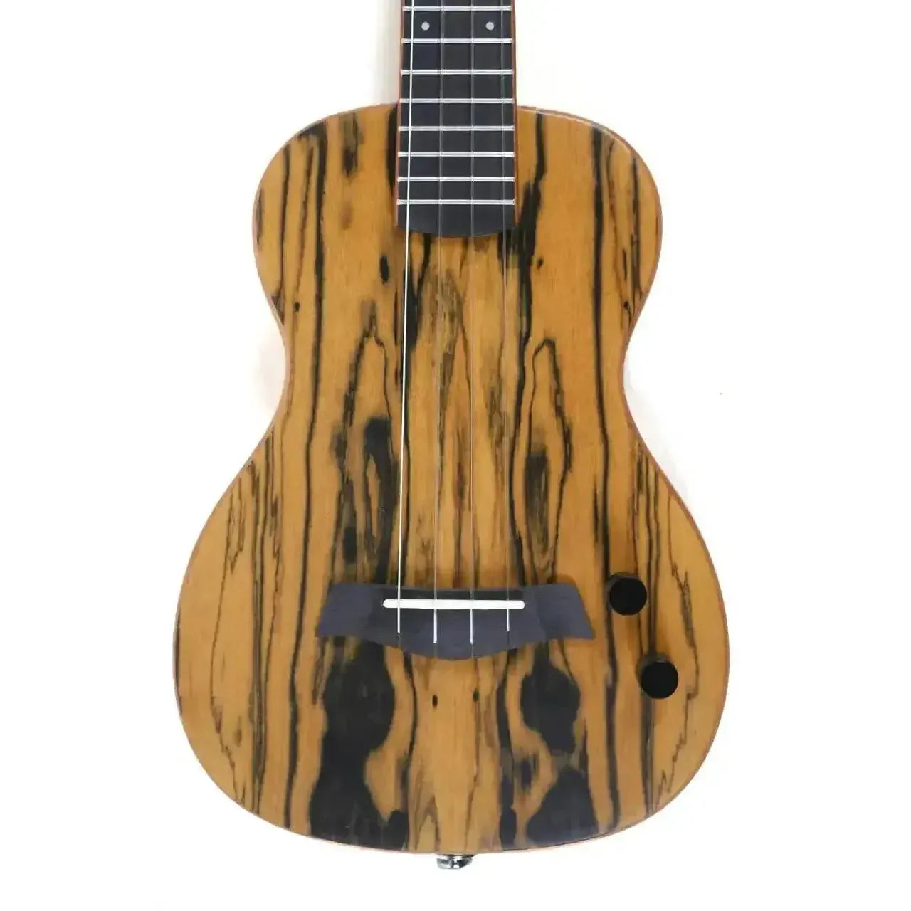 Kala Sunny & The Black Pack electric tenor ukulele with a striking white ebony laminate top and black hardware.