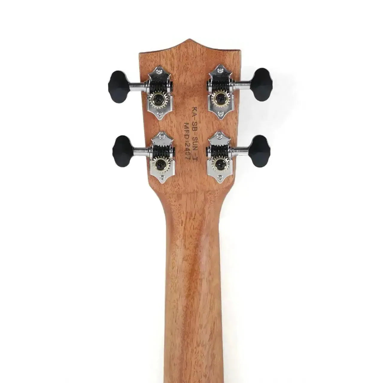 Back of Kala Sunny & The Black Pack tenor ukulele headstock with okoume wood and black tuning pegs.