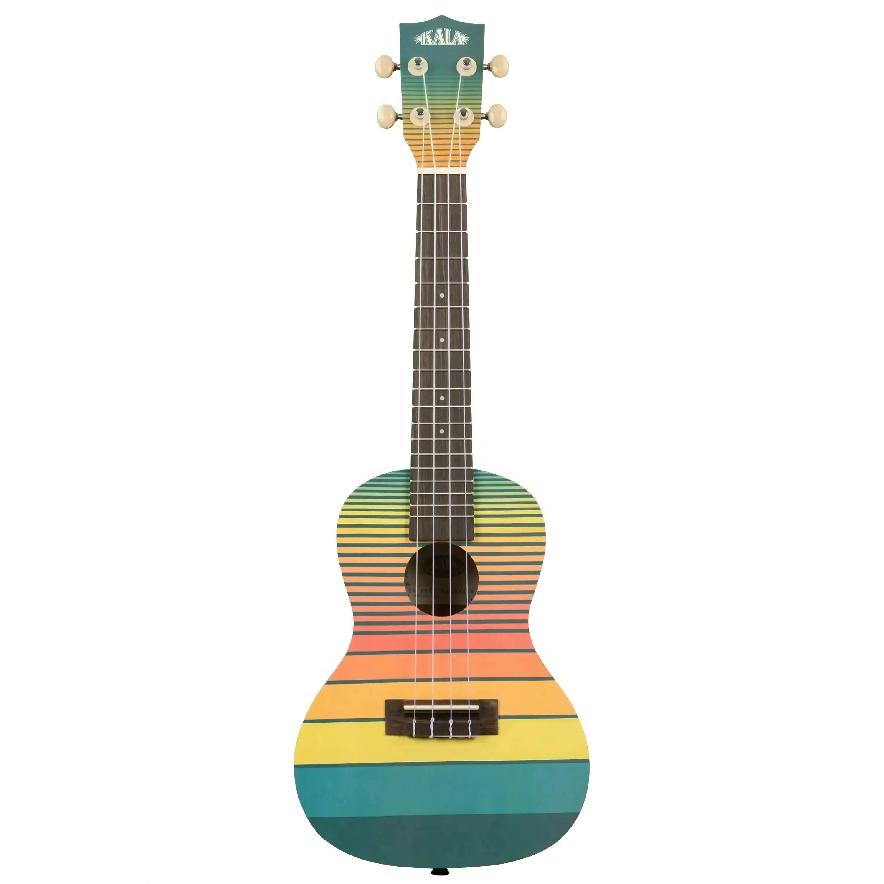 Kala SURF-DAWNPATROL concert ukulele with vibrant horizontal sunset stripes in teal, orange, and yellow.