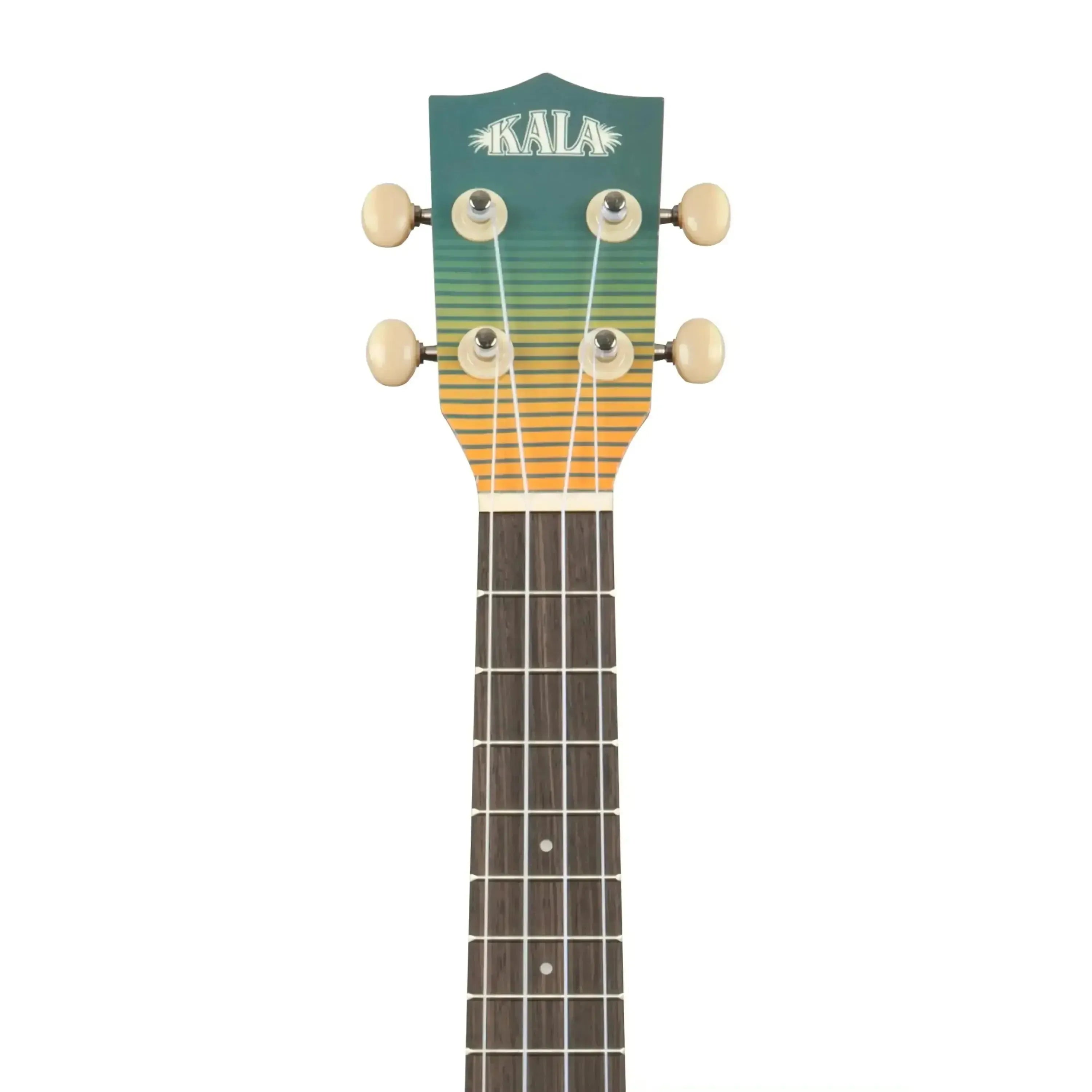 Kala SURF-DAWNPATROL concert ukulele headstock with green, yellow, and orange striped design.