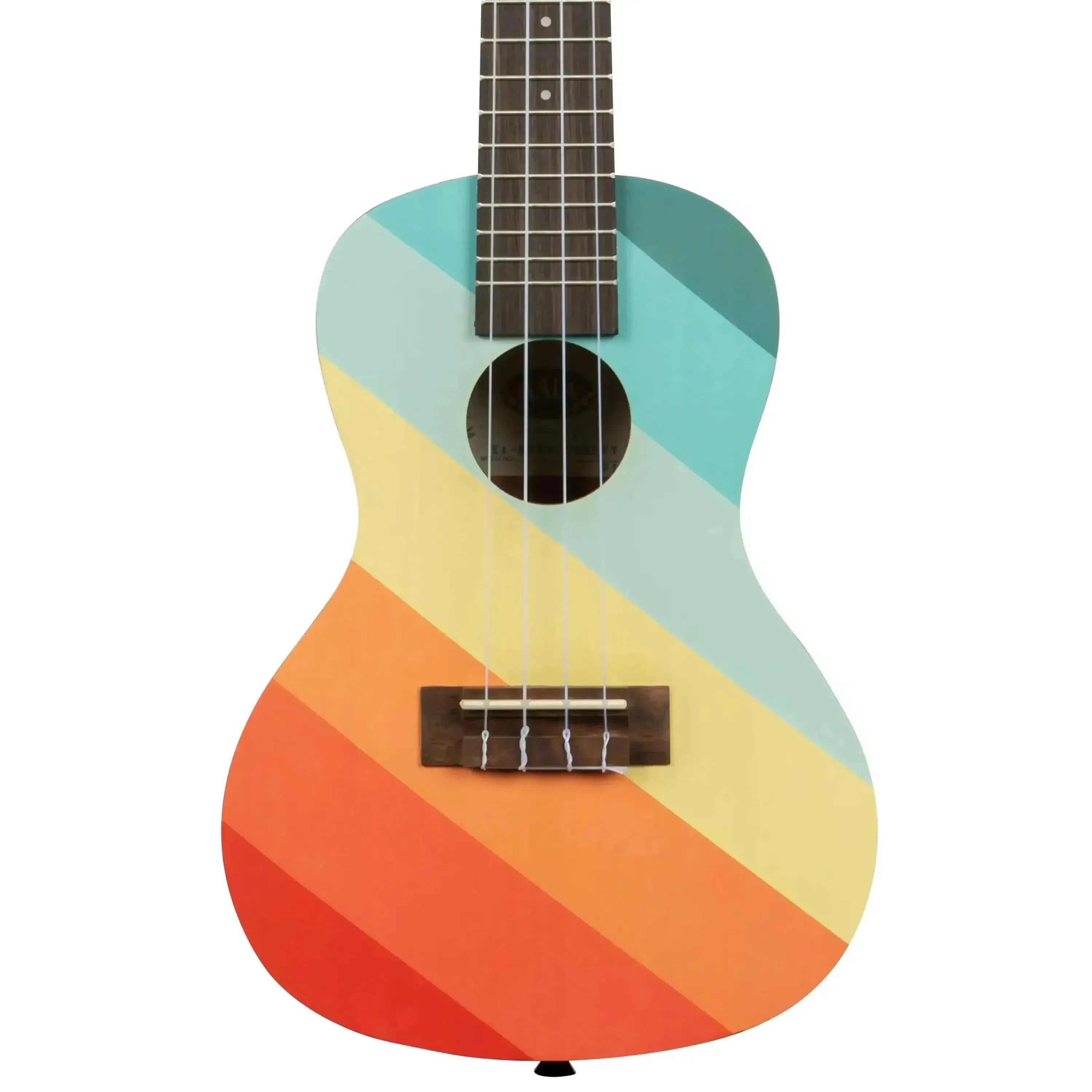 Kala SURF-FAROUT Concert Ukulele with colorful diagonal stripes in blue, yellow, and orange.