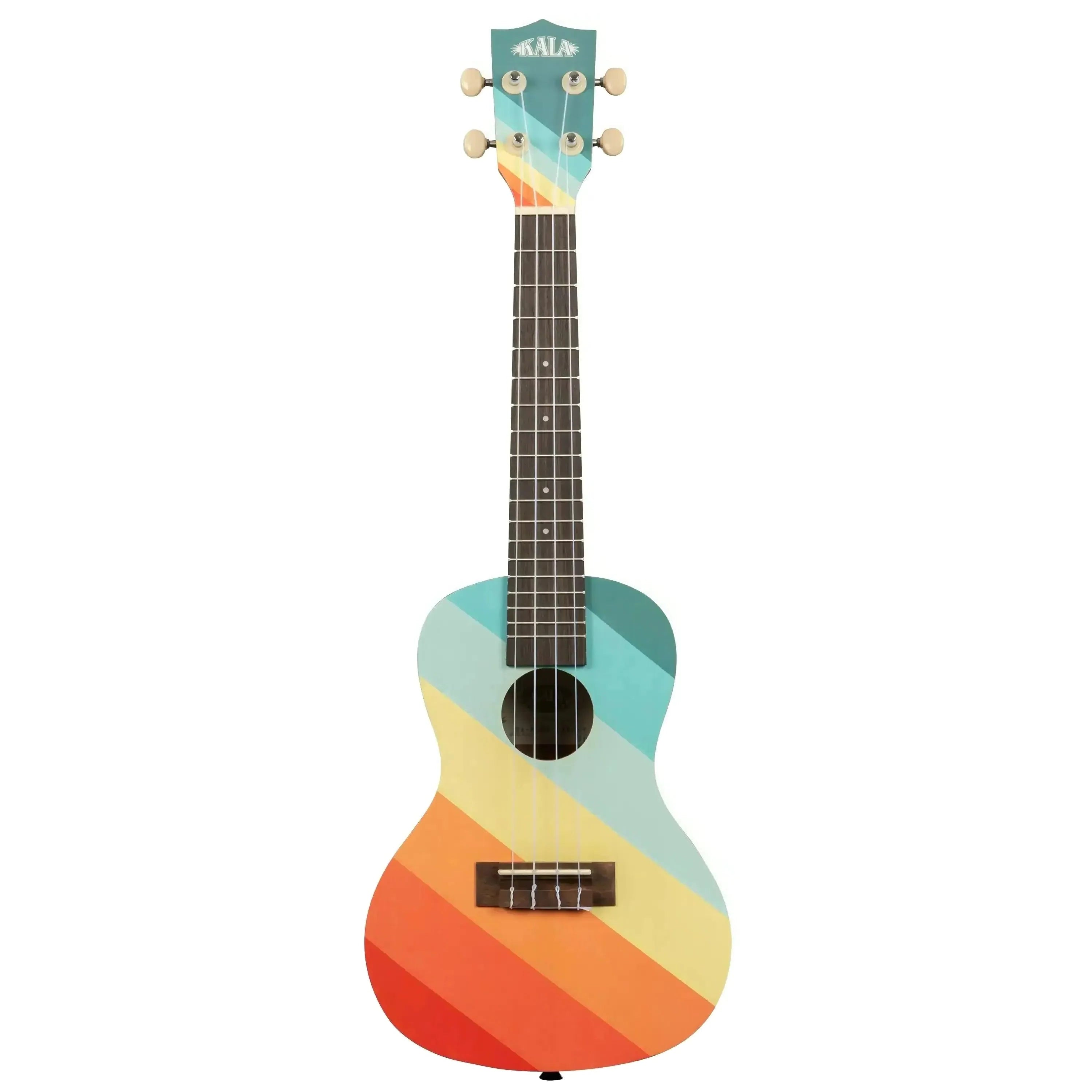 Kala SURF-FAROUT Concert Ukulele with colorful diagonal stripes in blue, yellow, orange, and red.