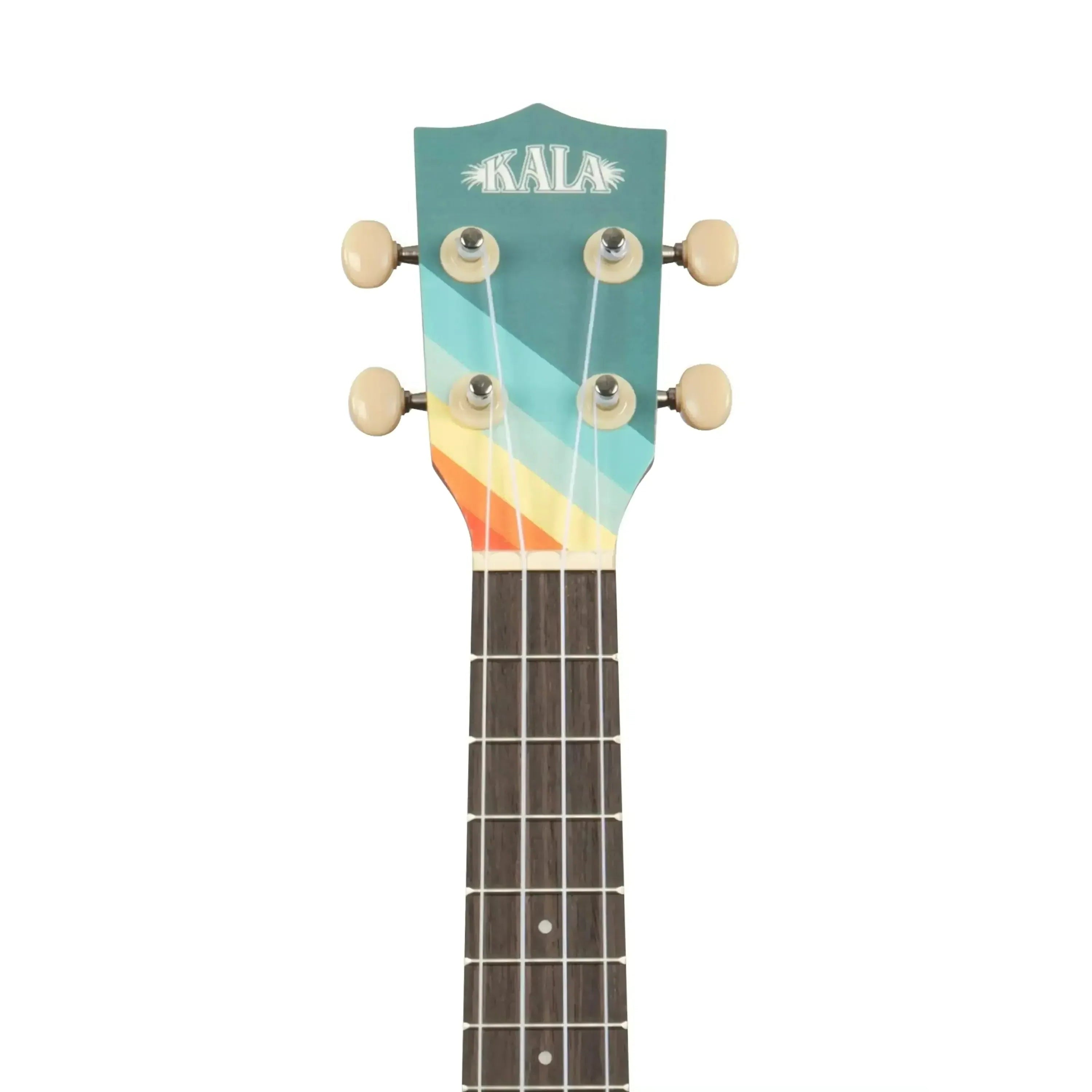 Kala SURF-FAROUT Concert Ukulele headstock with teal, blue, yellow, and orange striped design.