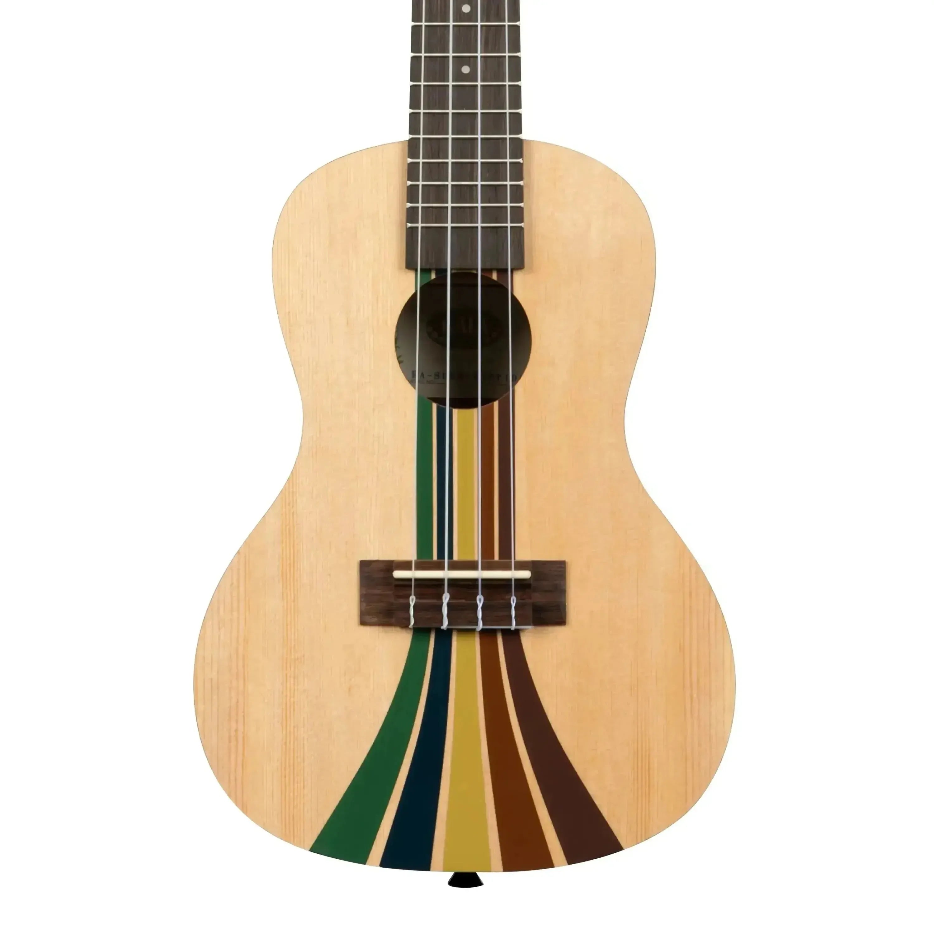 Kala SURF-RIPTIDE Concert Ukulele with a natural spruce top and colorful stripe design.