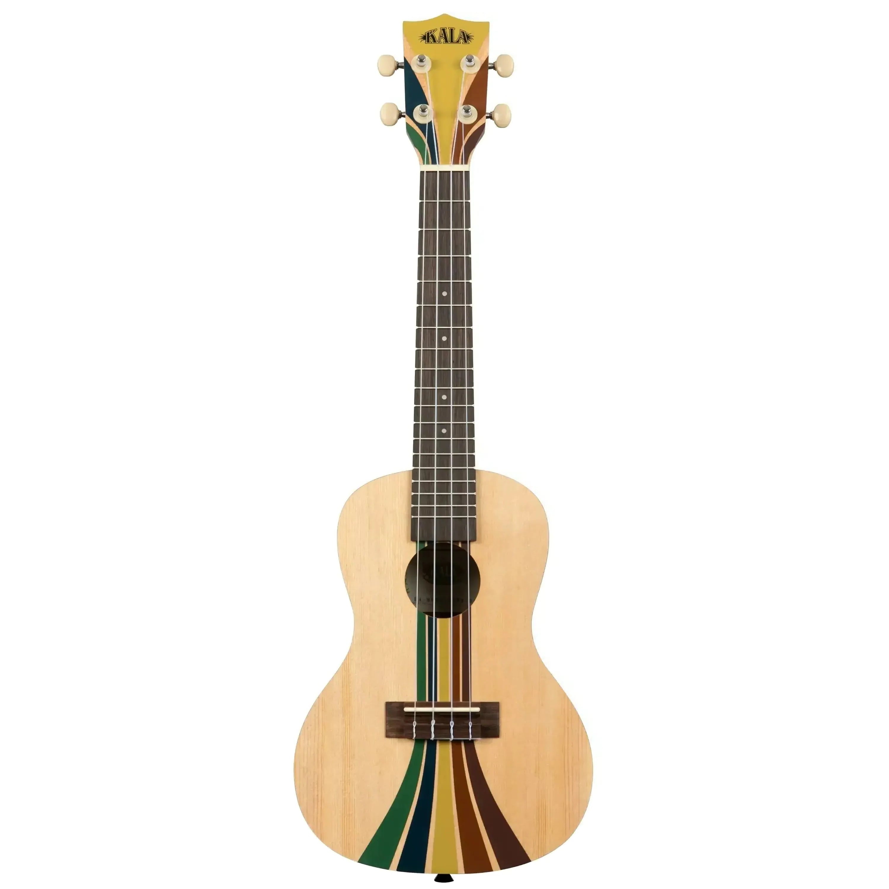 Kala SURF-RIPTIDE Concert Ukulele with light spruce top and colorful striped design.