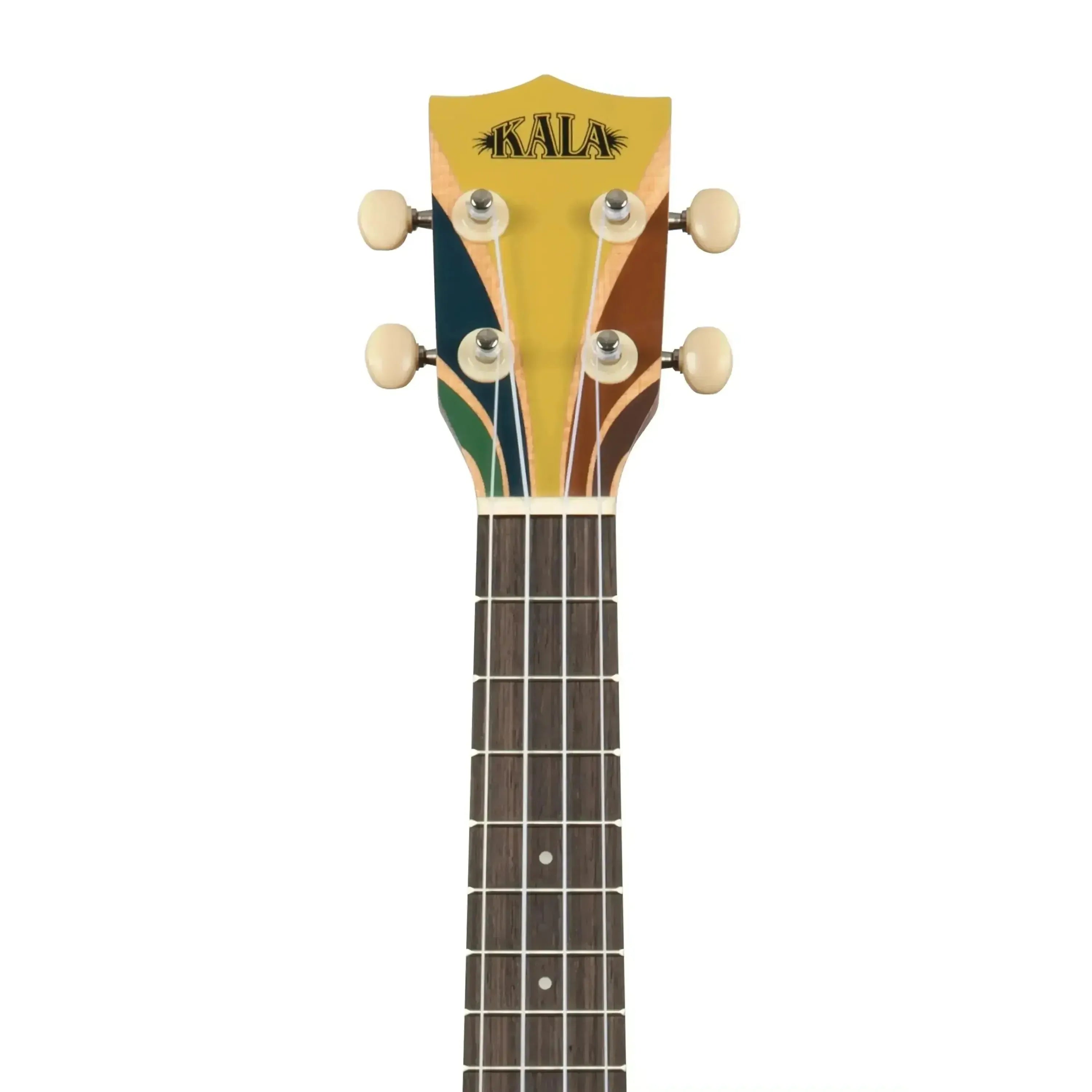 Kala SURF-RIPTIDE Concert Ukulele headstock with colorful surf-inspired design and tuning pegs.