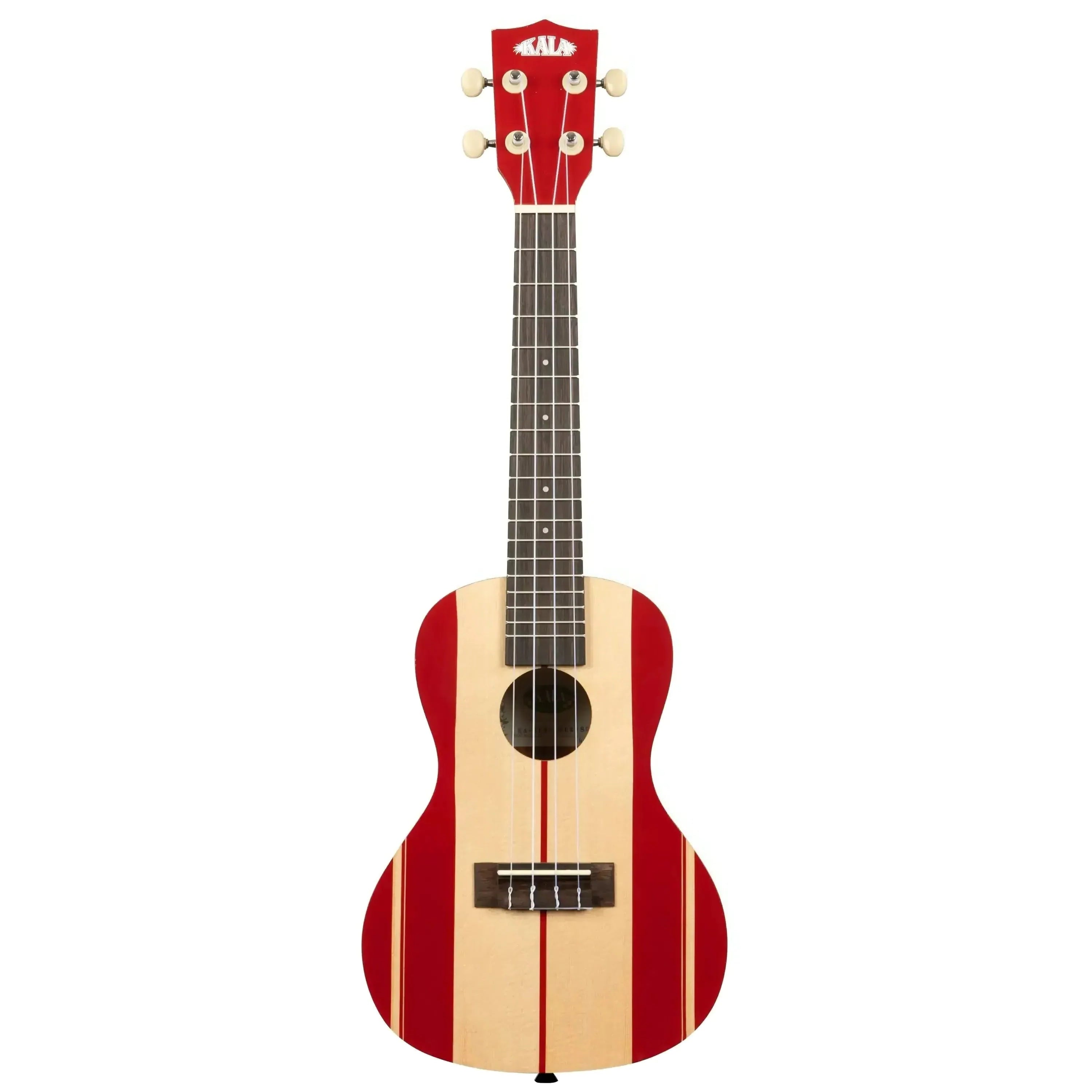 Kala SURF-SURFSUP Concert Ukulele with red and natural wood vertical stripes, red headstock.