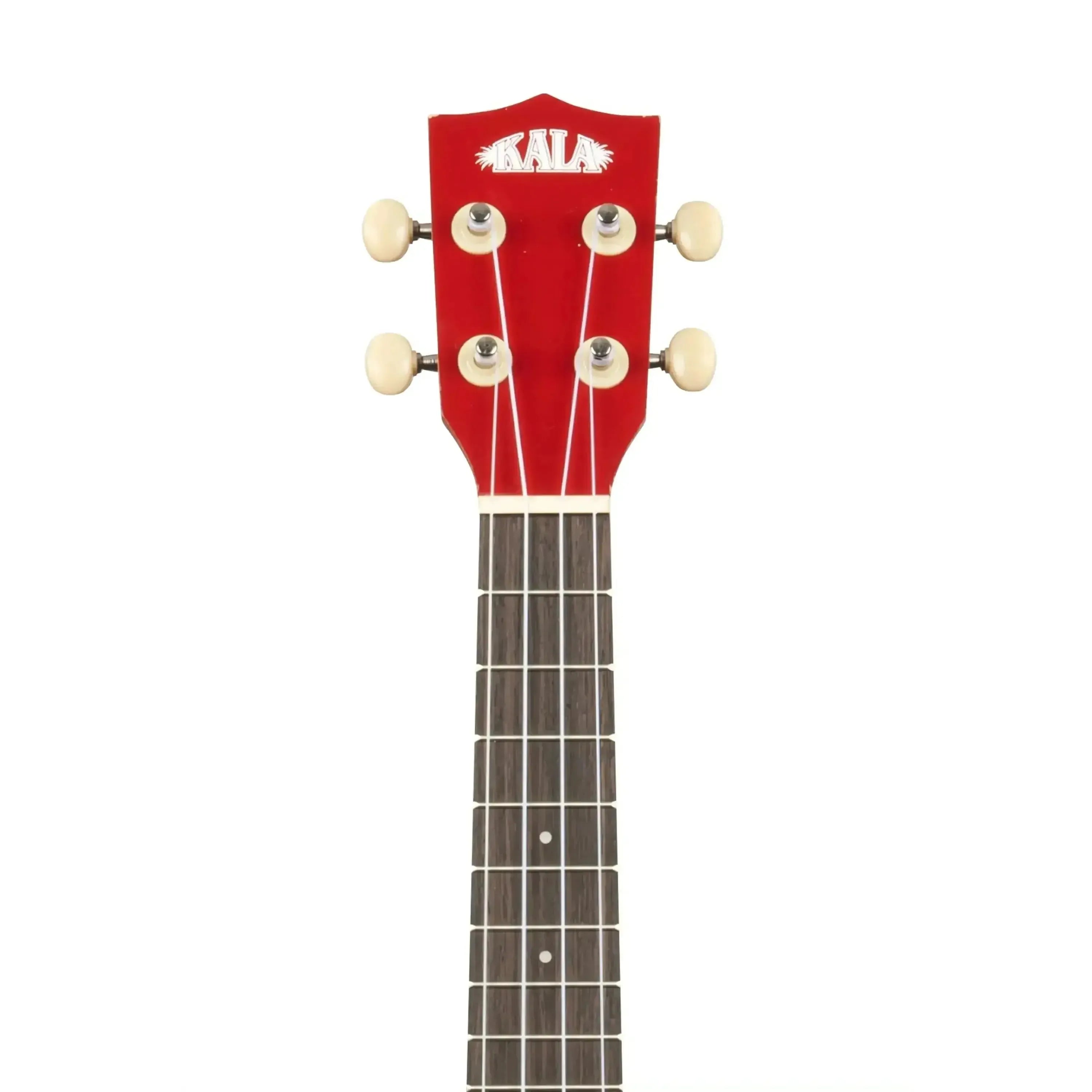 Kala SURF-SURFSUP Concert Ukulele headstock with red finish, white Kala logo, and four cream tuning pegs.