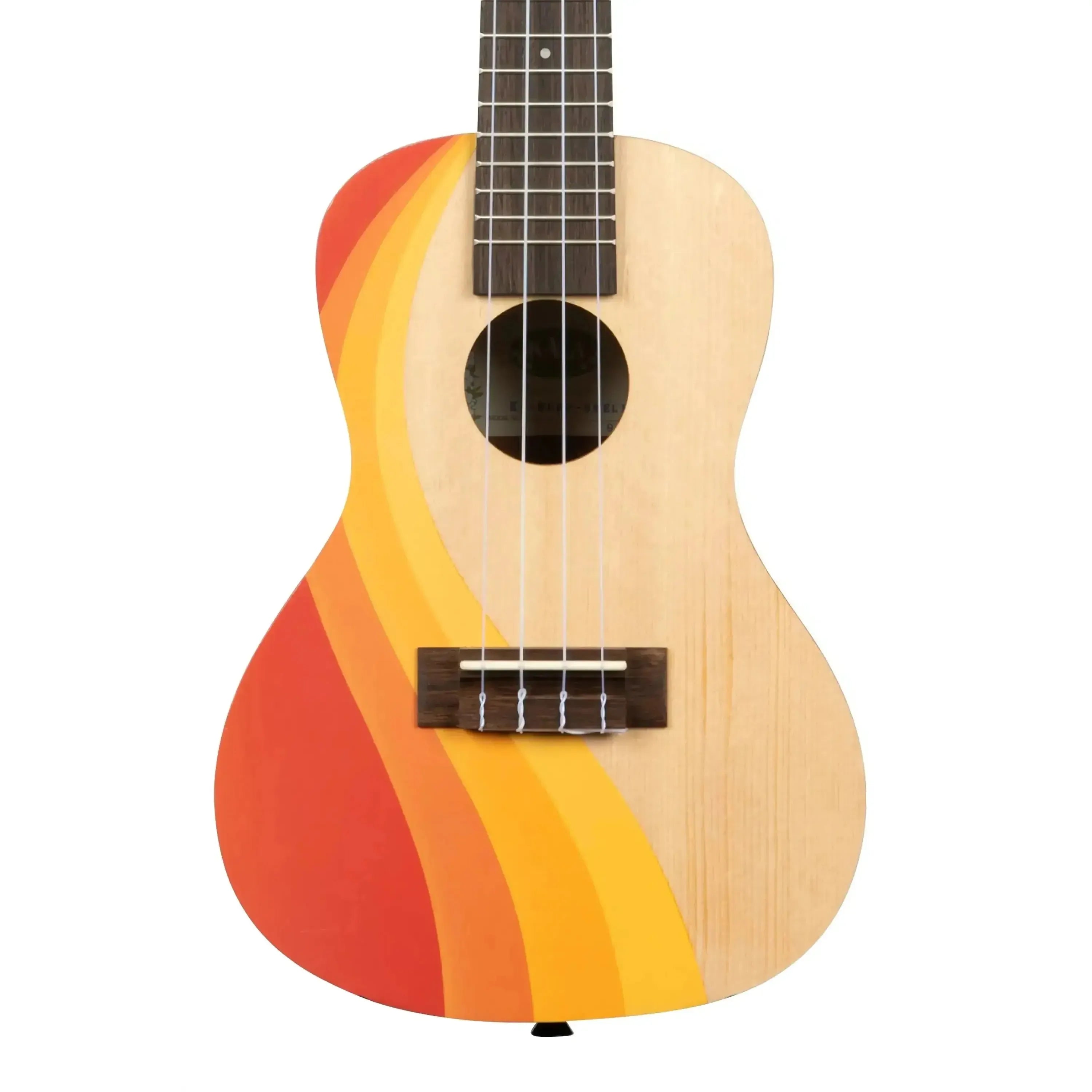 Kala SURF-SWELL Concert Ukulele with spruce top and vibrant orange/yellow wave design.