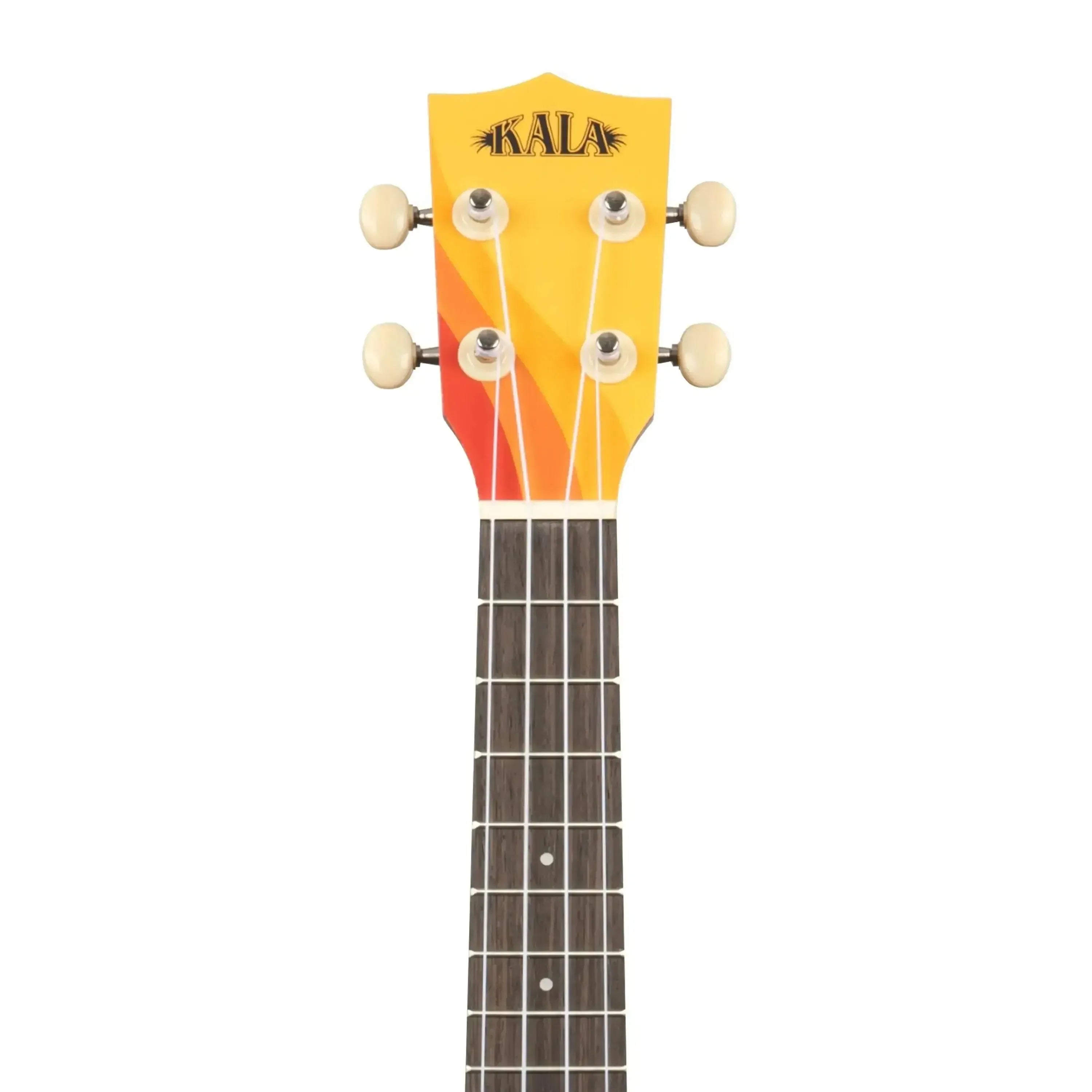 Kala SURF-SWELL Concert Ukulele headstock with yellow, orange, and red sunburst finish.