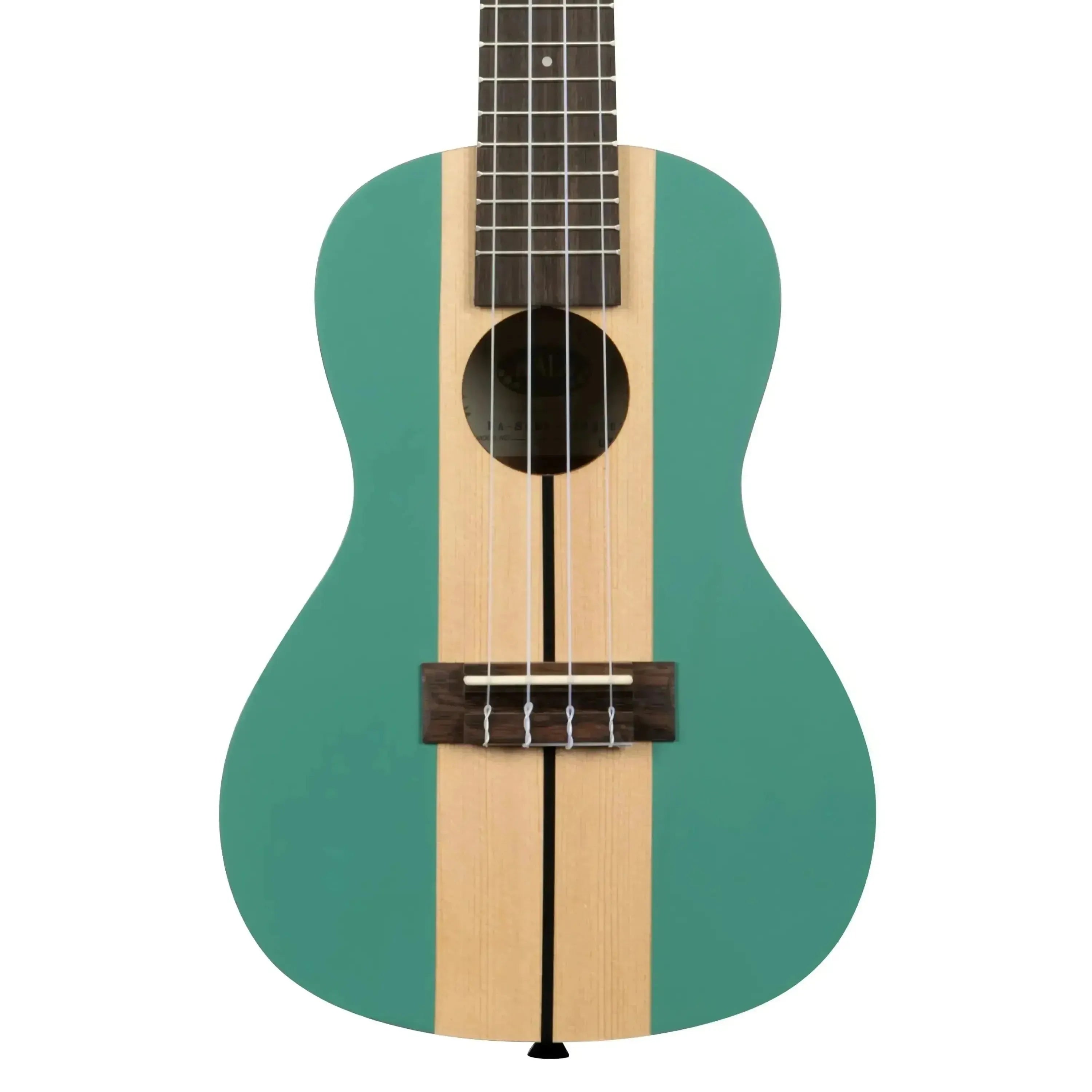 Kala SURF-WIPEOUT Concert Ukulele with teal body and natural wood stripe, spruce top, mahogany back.