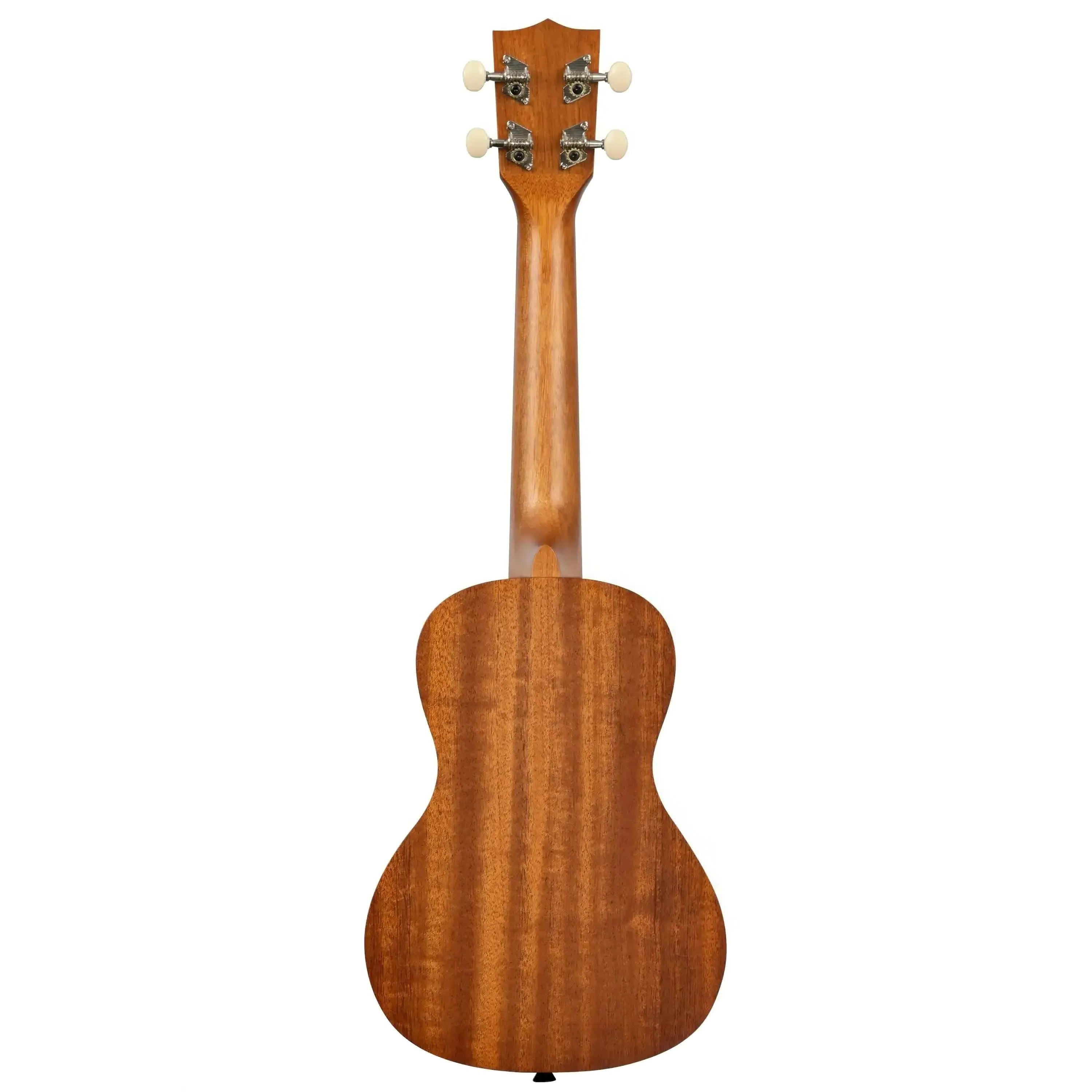 Kala SURF-WIPEOUT Concert Ukulele, back view, showing mahogany wood grain and tuning pegs.