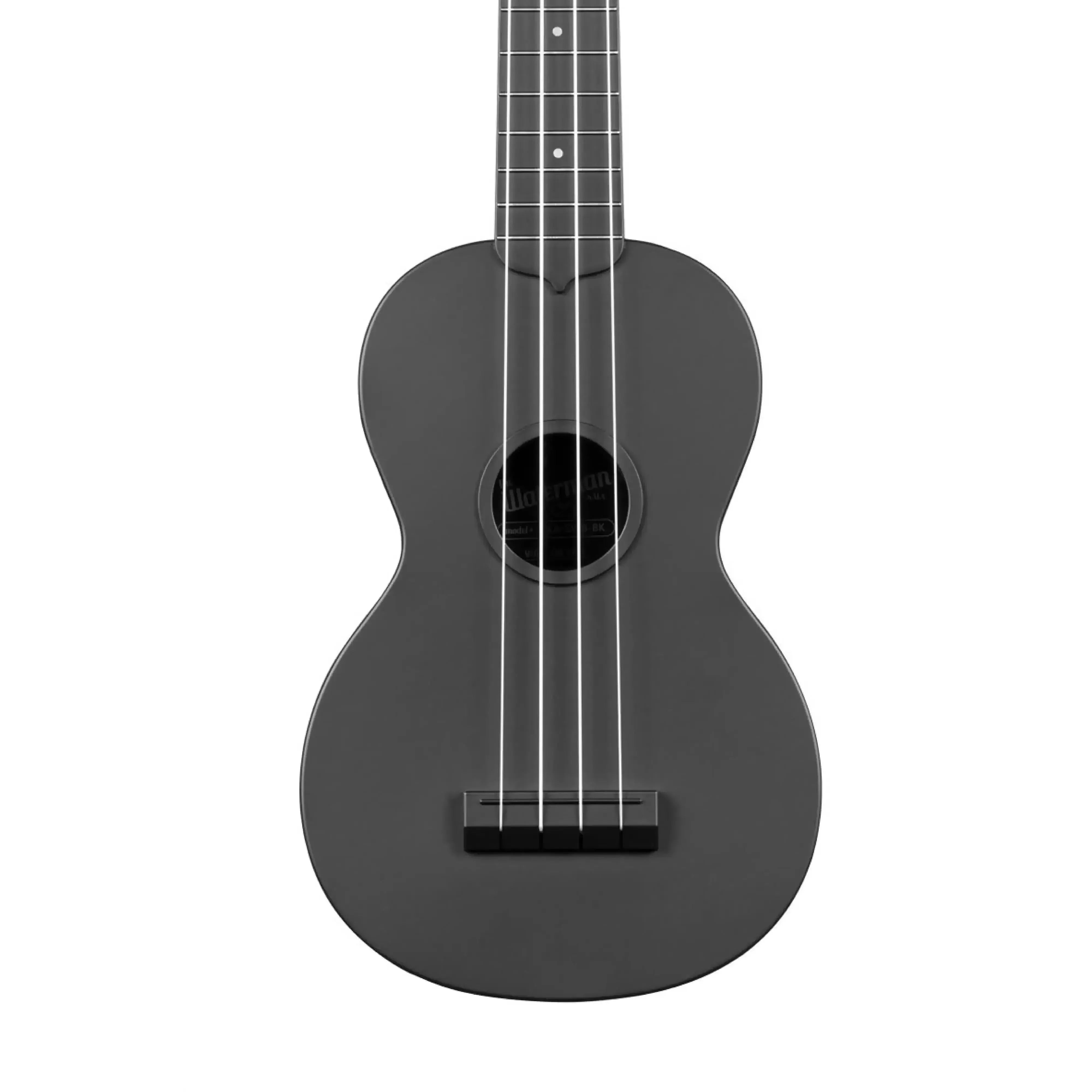 Kala Waterman Black Soprano Ukulele with matte finish and white strings.