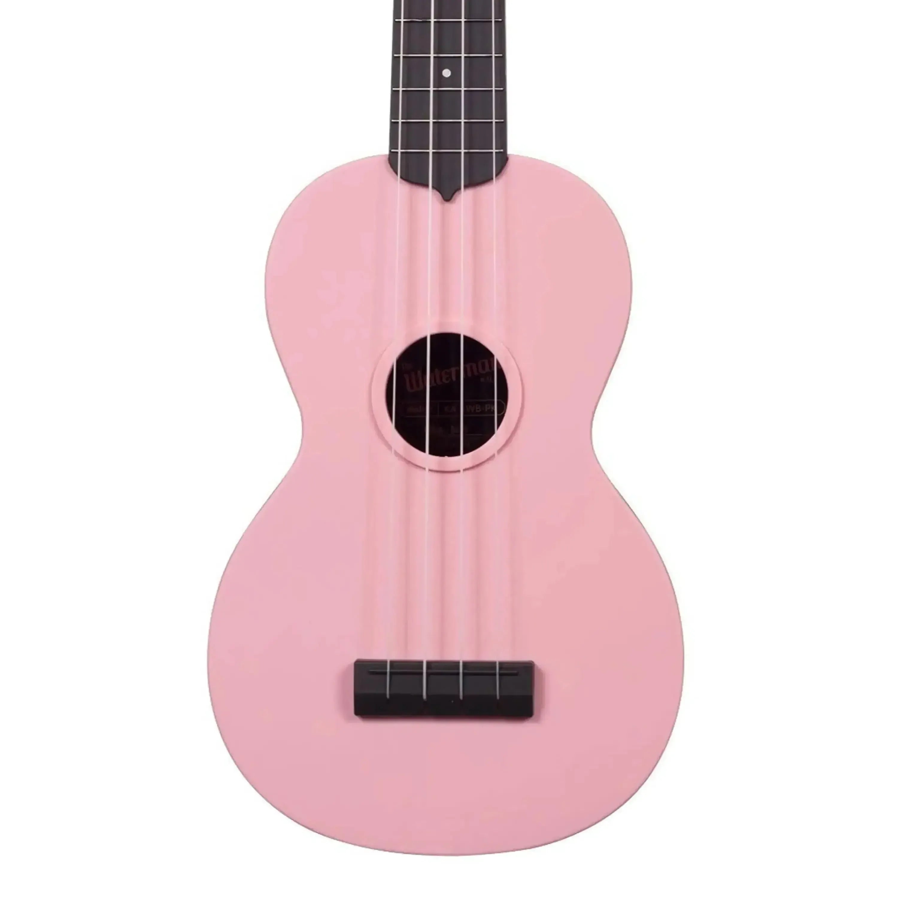 Kala Waterman Soft Pink Soprano Ukulele with black bridge and fretboard.