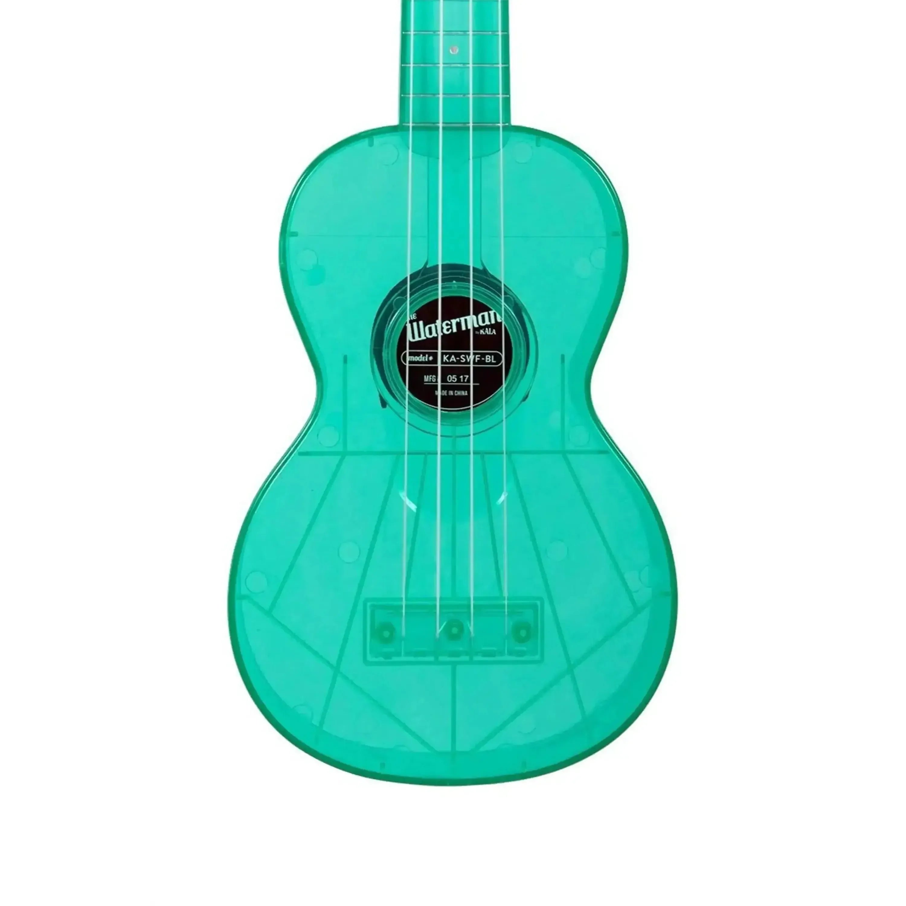 Kala Waterman Fluorescent Blue Raspberry Soprano Ukulele, translucent green ABS composite.