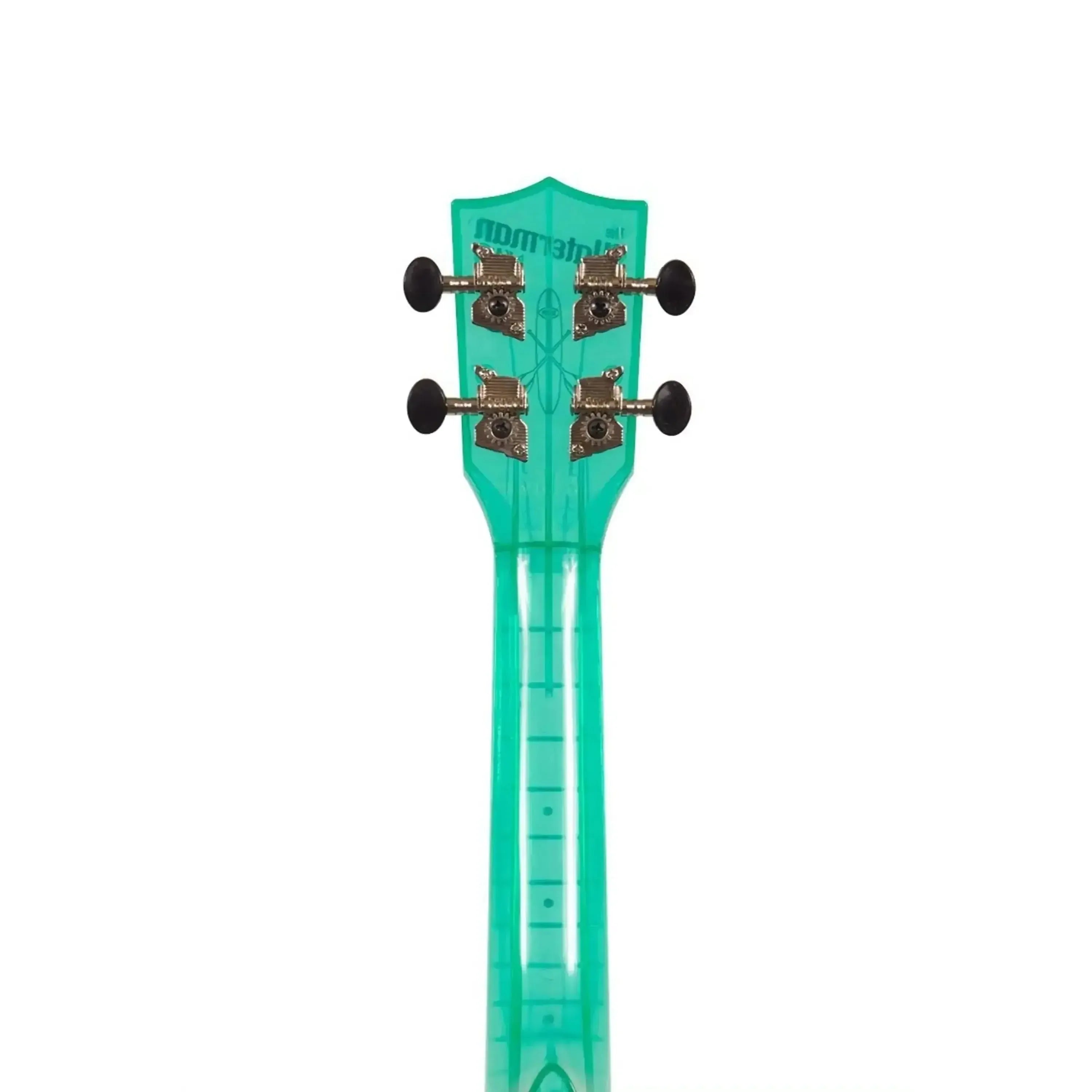 Kala Waterman Fluorescent Blue Raspberry Soprano Ukulele headstock and neck, clear green ABS composite.