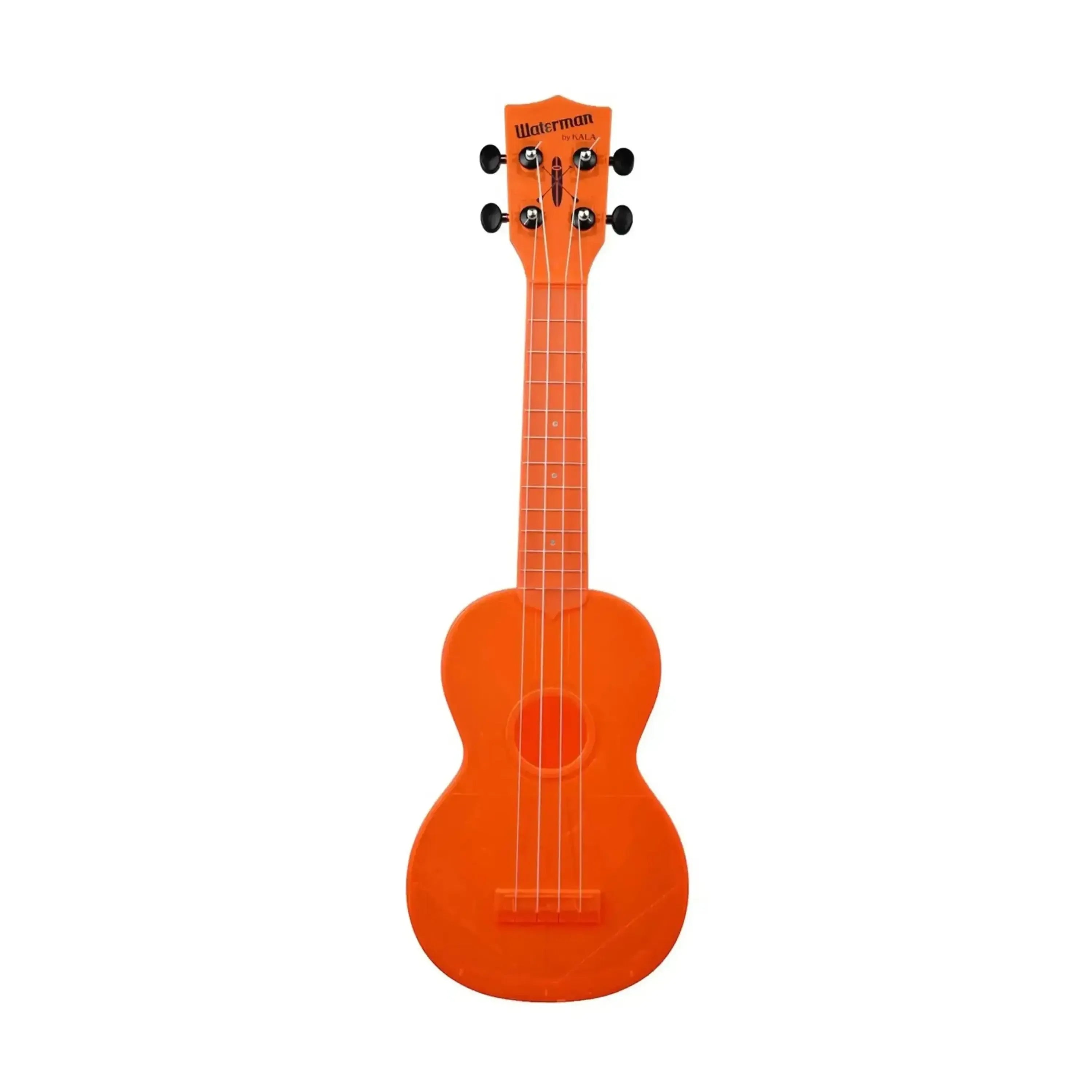 Kala Waterman Fluorescent Orange Soprano Ukulele with ABS composite body and black tuning pegs.