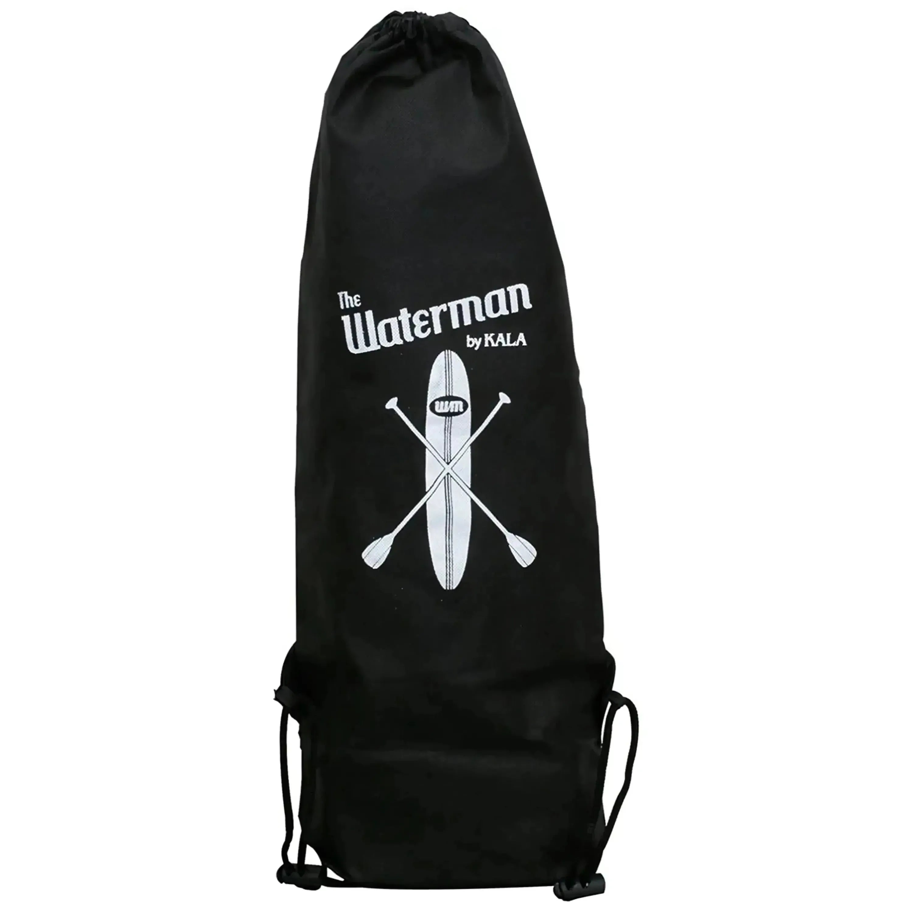 Black Kala Waterman ukulele tote bag with white logo of a surfboard and crossed paddles.