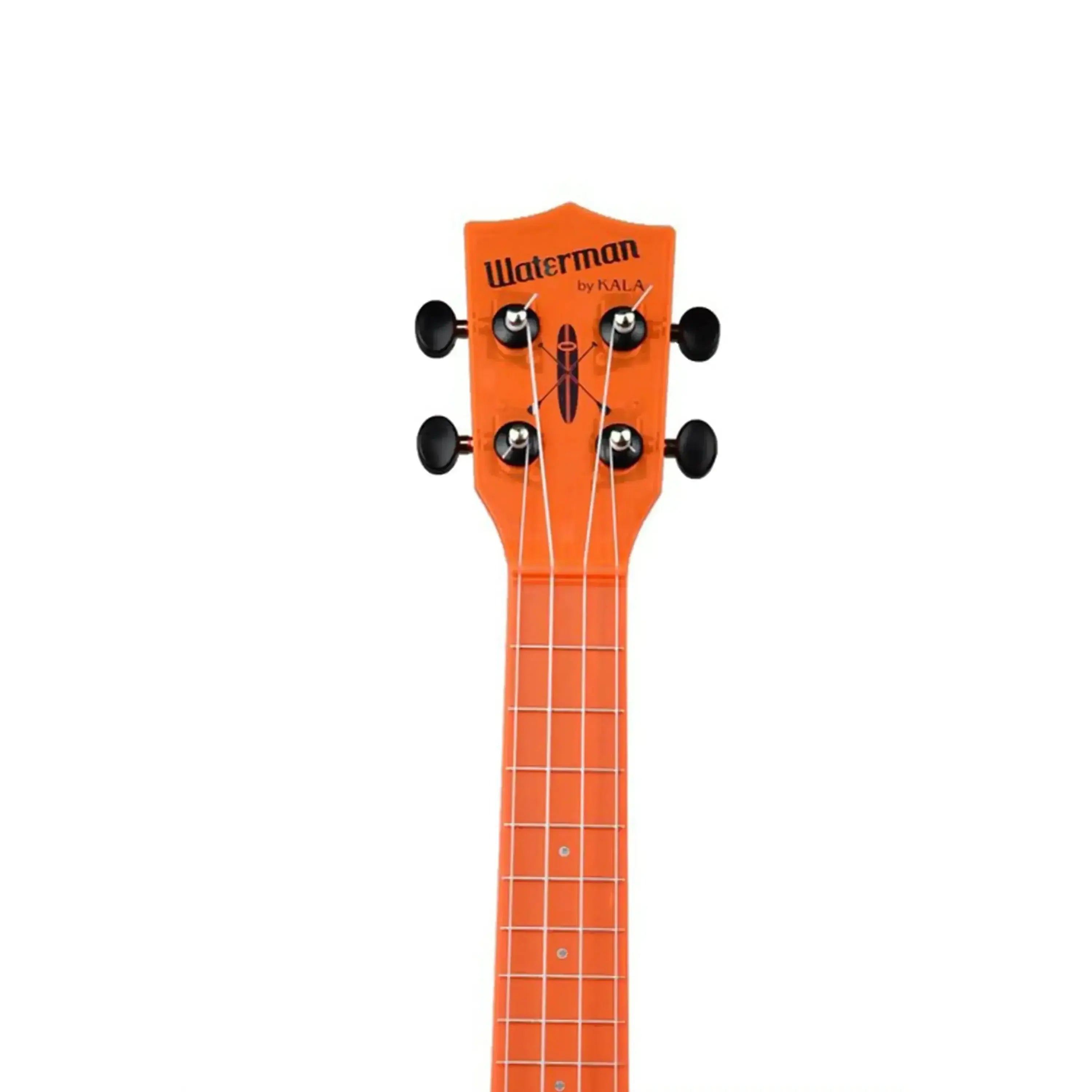 Kala Waterman Fluorescent Orange Soprano Ukulele headstock with black tuning pegs and white strings.