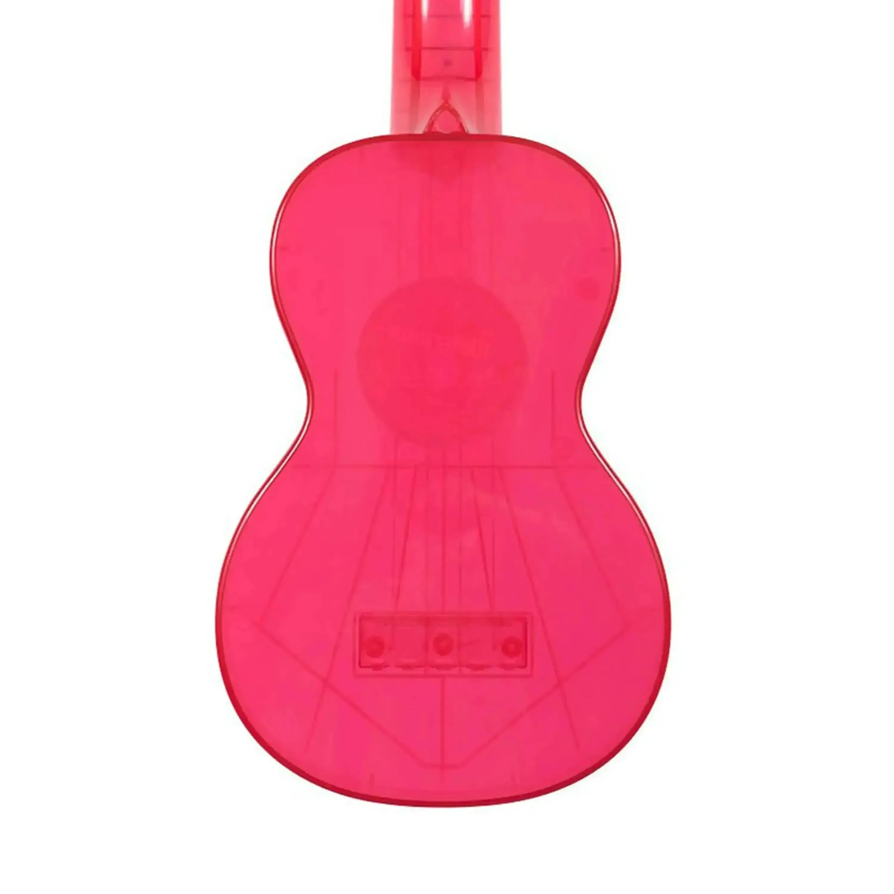 Back of a translucent fluorescent watermelon pink Kala Waterman soprano ukulele made of ABS composite.