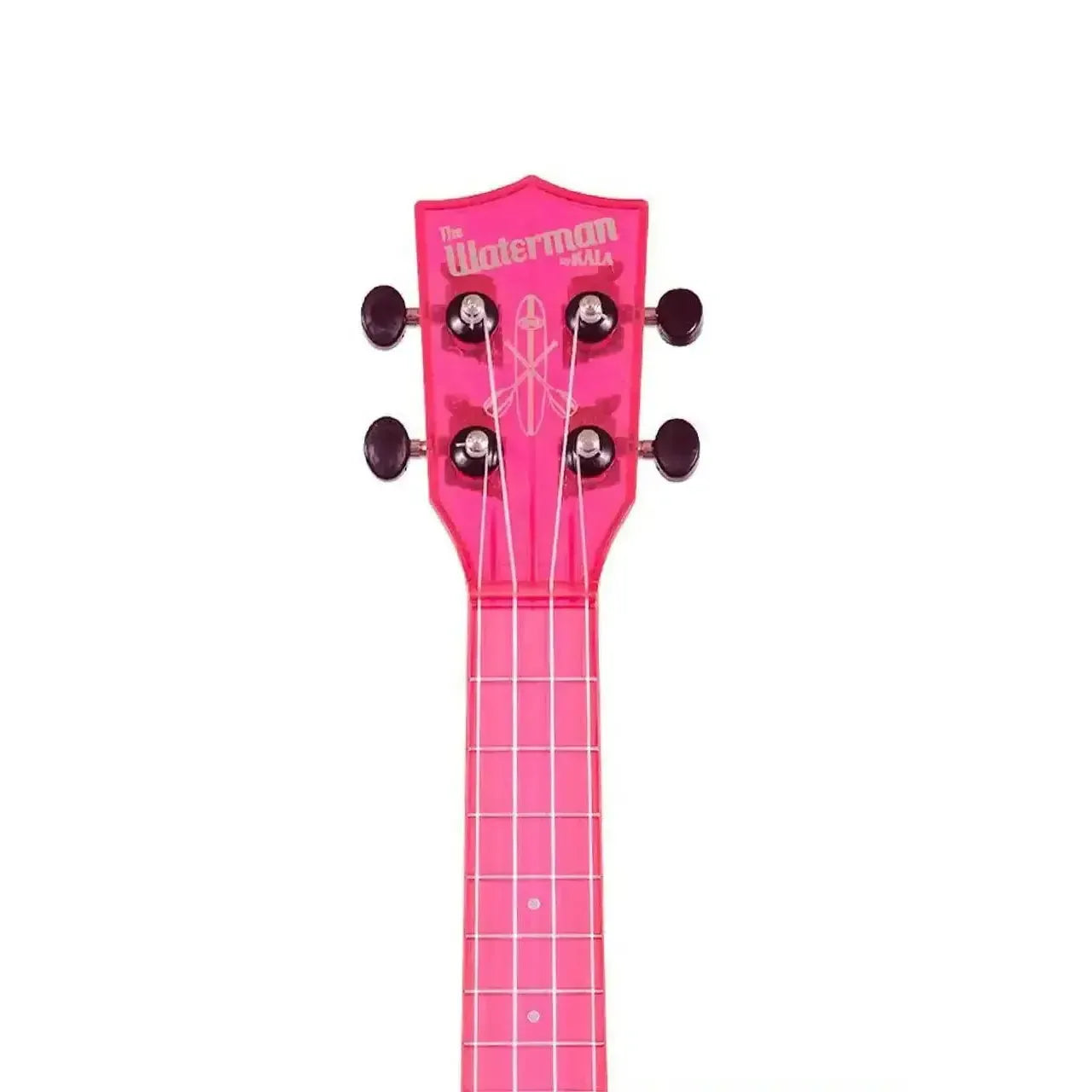 Kala Waterman fluorescent watermelon pink soprano ukulele headstock and neck with black tuning pegs.