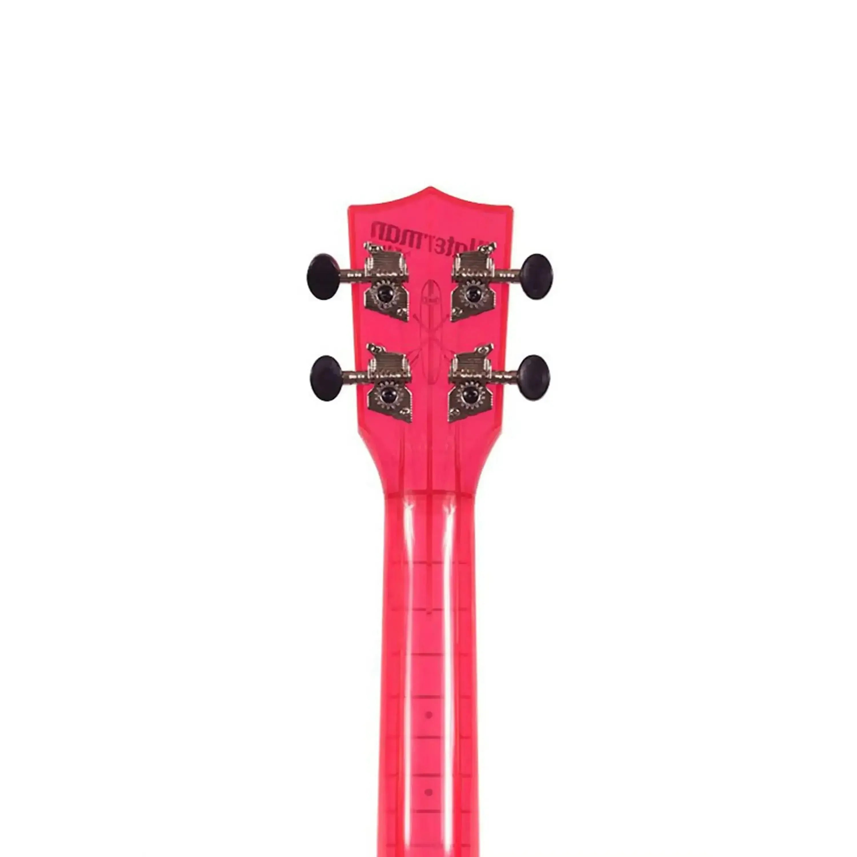 Kala Waterman fluorescent watermelon pink soprano ukulele headstock with black tuning pegs.