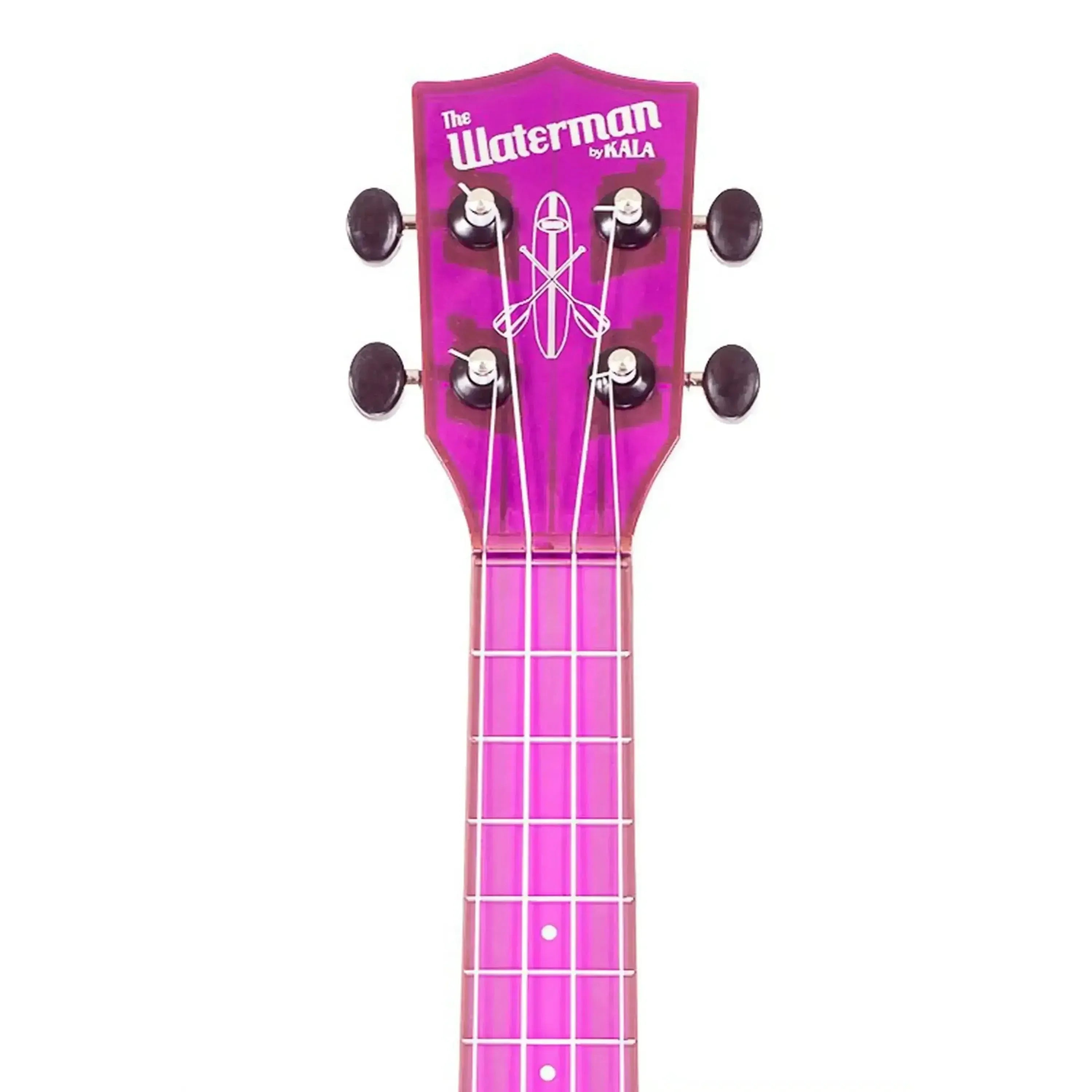 Kala Waterman fluorescent purple soprano ukulele headstock and fretboard.