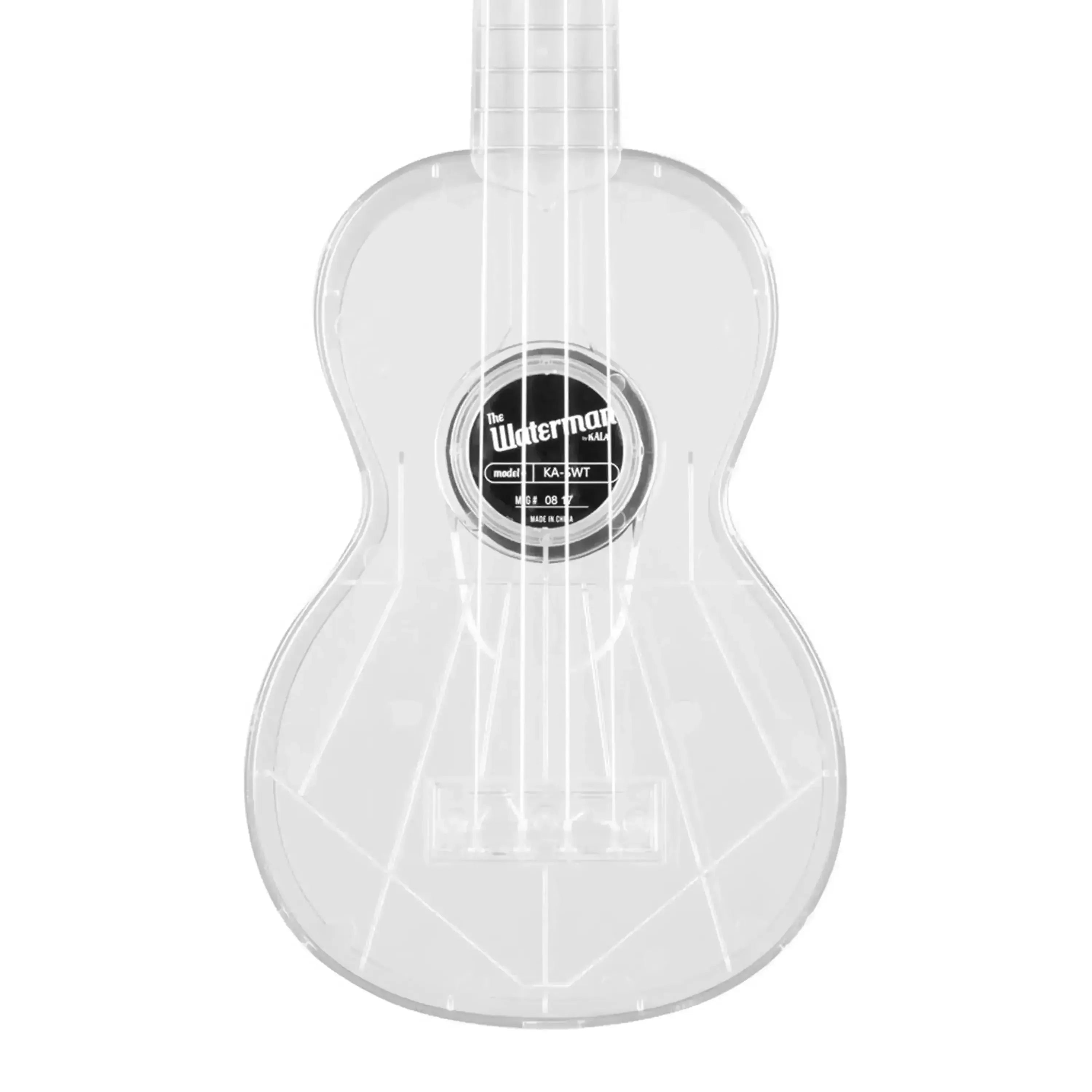 Kala Waterman Clear Ice Soprano Ukulele with transparent ABS composite body and black soundhole label.