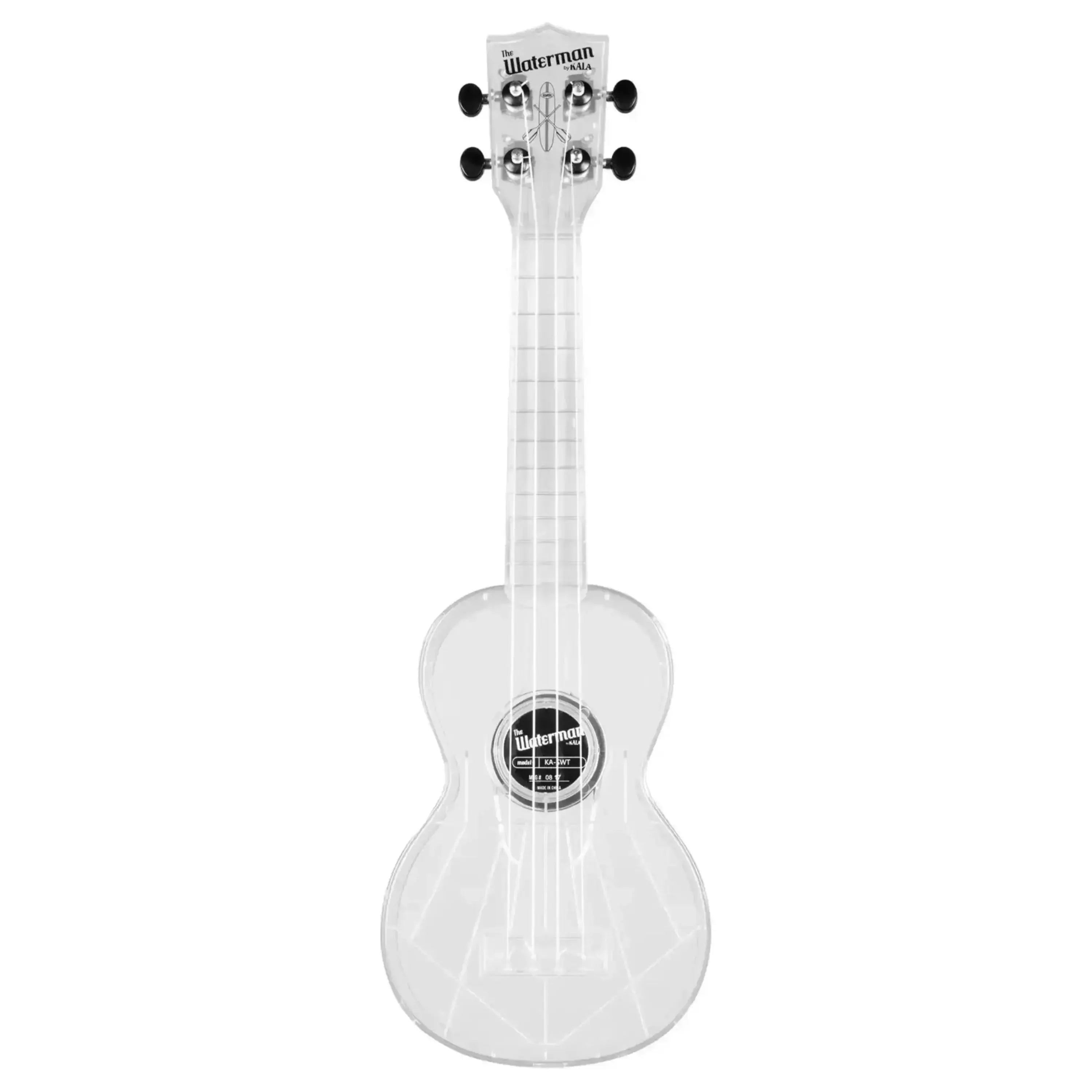Kala Waterman Clear Ice Soprano Ukulele, transparent ABS composite with black tuning pegs.