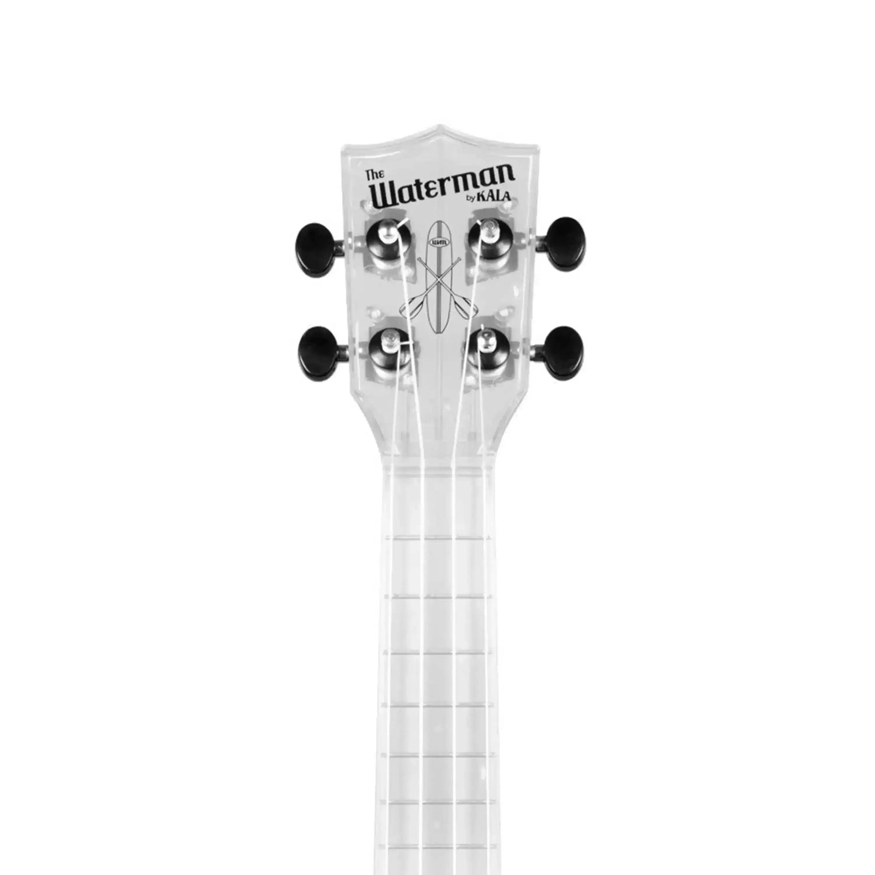 Kala Waterman Clear Ice Soprano Ukulele headstock, transparent ABS composite with black tuning pegs.