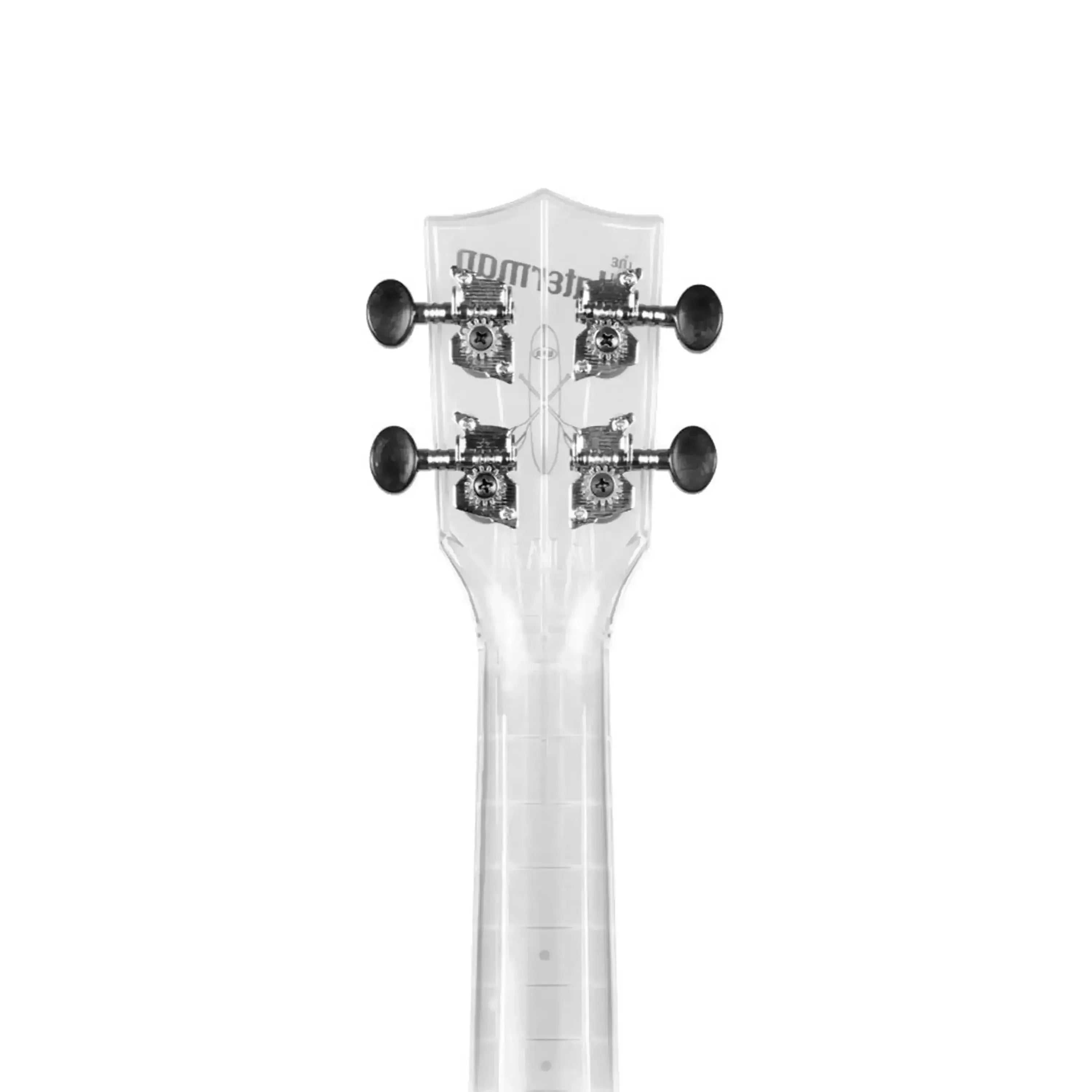 Kala Waterman Clear Ice Soprano Ukulele headstock and neck, made of transparent ABS Composite.